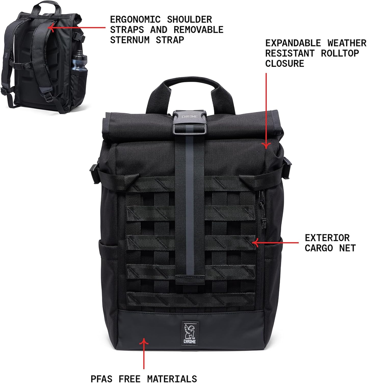 Chrome Industries Barrage 18L Black Roll-Top Backpack – Water Resistant Bag for Work, School, Travel – Features Cargo Net & Laptop Pocket