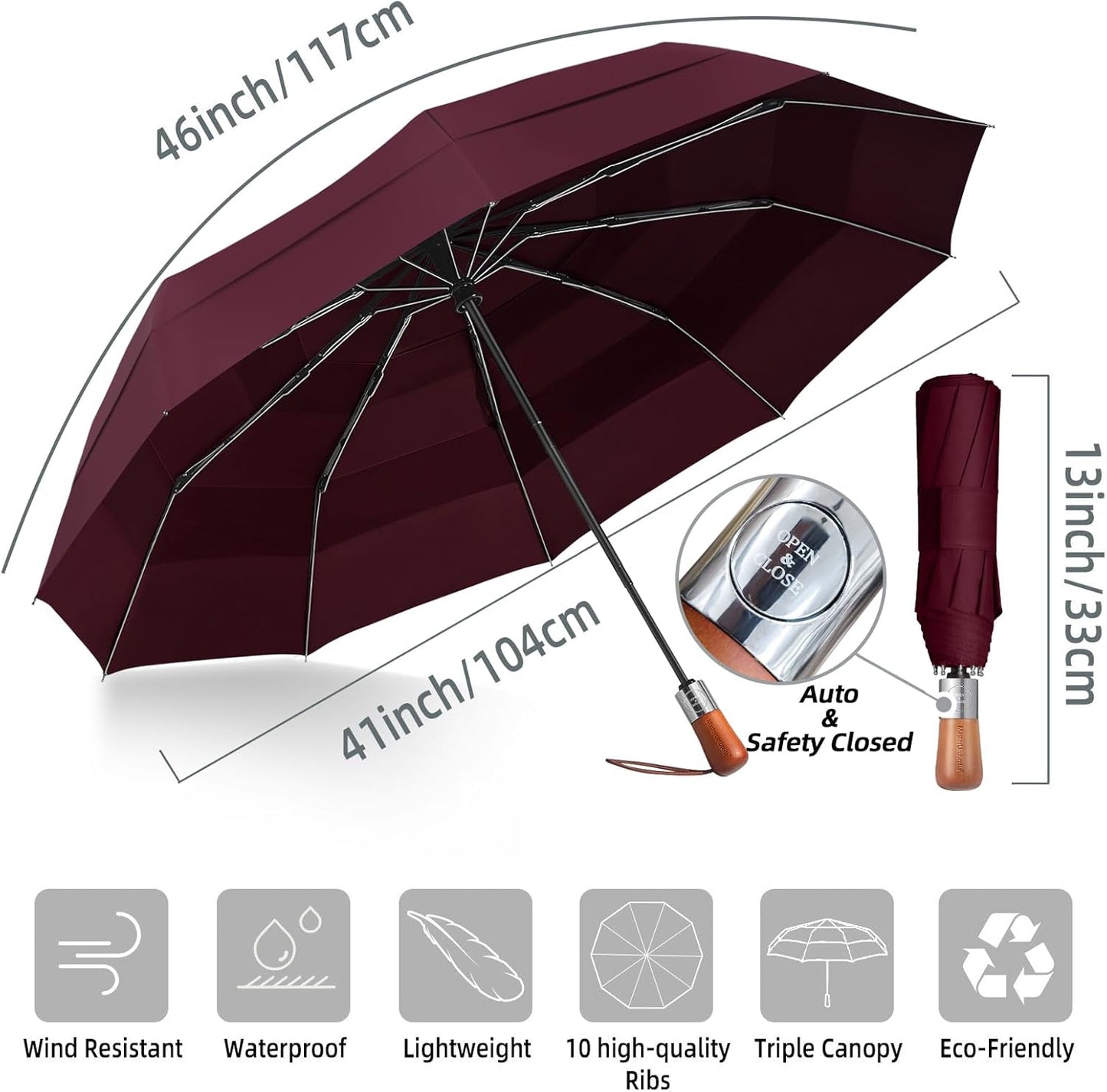 Umbrellas for Rain, Heavy-Duty Windproof Travel Umbrella — Auto Open/Close, Vented Triple-Layer Canopy, 10 Fiberglass Ribs, Folding Design, Large Coverage, Wooden Handle