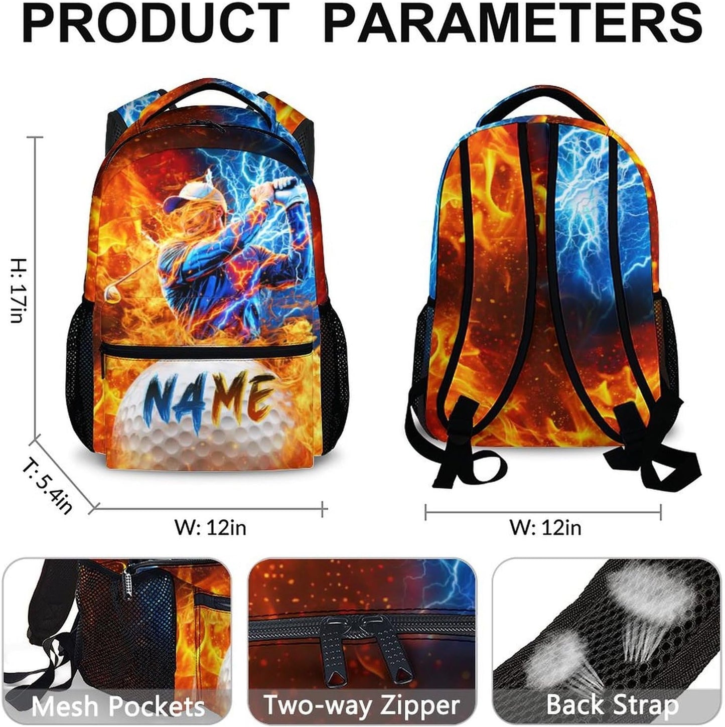 Boys School Backpack - Custom Golf Boys Backpacks with Name for Kids Teens Elementary Middle Primary High Senior - 17 Inch Lightweight Cool Sport Bookbag for School Travel