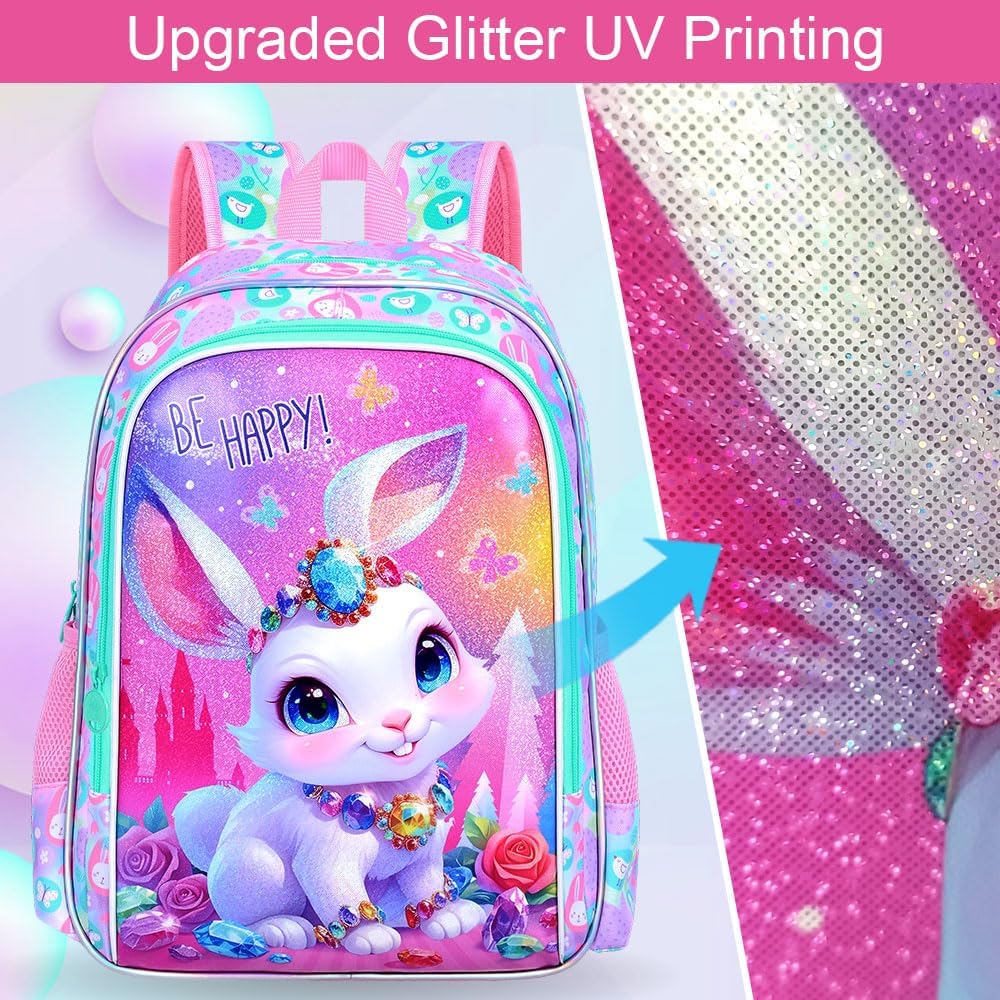 3Pcs Girls Backpack, 16" Bunny Kids Bookbag with Lunch Box，School Backpacks for Elementary