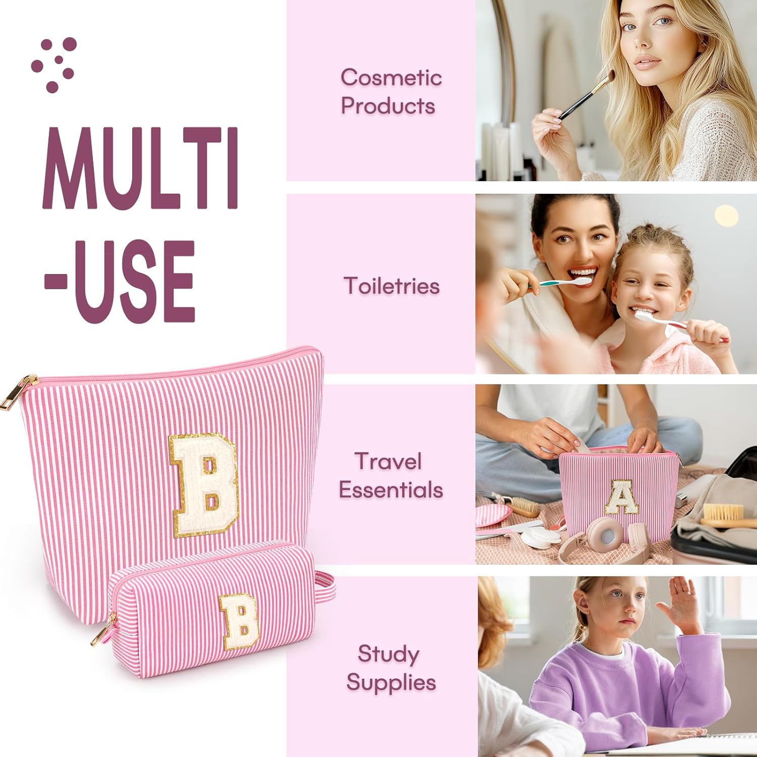 2 PCS Initial Makeup Bags for Women: Cosmetic Bag for Travel Toiletry - Birthday Gifts for 11 12 13