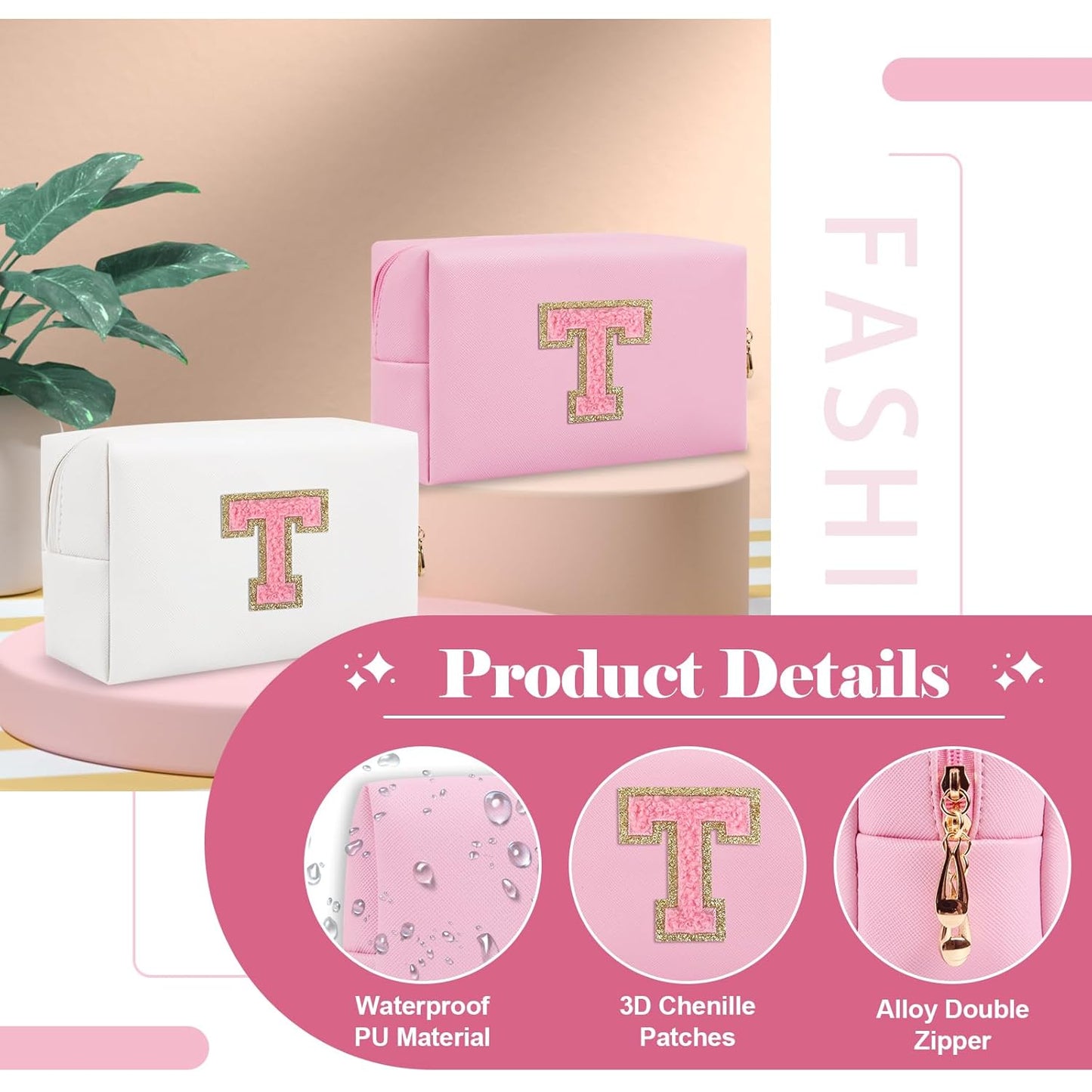 Personalized Initial A-Z Preppy Patch Makeup Bag,Small PU Leather Chenille Letter Cosmetic Bag with Zipper for Teen Girls,Pink Cute Travel Toiletry Bag,Birthday Monogrammed Gift for Daughter,Letter T