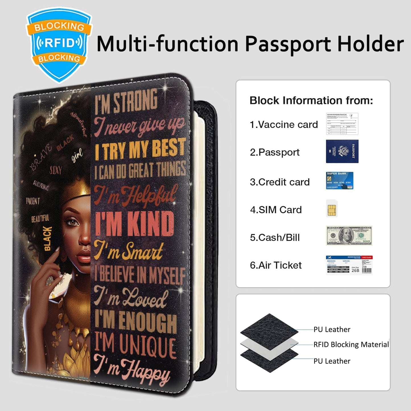 Passport Holder Women Wallet with Luggage Tag, Leather Passport Cover with RFID Blocking, Travel Accessories Multi Card Slot Passport Case for Men，African Girls Inspirational Quotes
