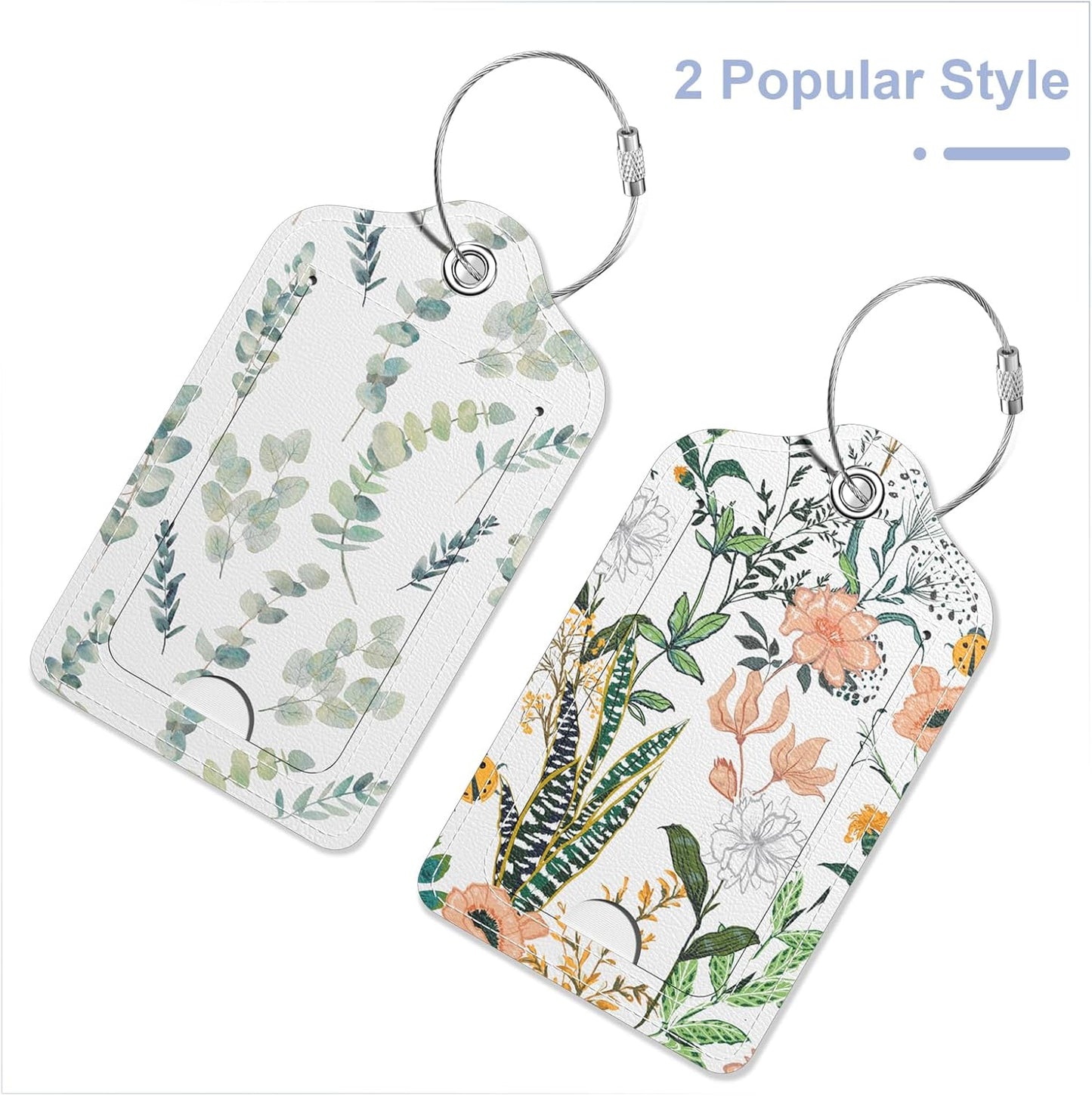2 Pack PU Leather Luggage Tags for Suitcase, Travel Cruise Luggage Tag with Privacy Flap, Name ID Label and Metal Loop for Women Men Baggage Handbag School Bag Backpack, Flower Leaves
