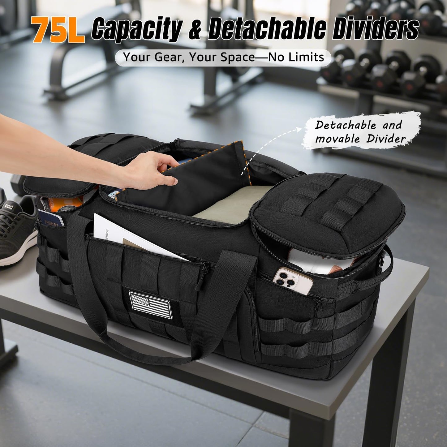 ETRONIK 75L Tactical Gym Bags for Men, Large Duffle Bag with Removable Dividers & Shoe Compartment, Waterproof Duffel Bag with Wet Pocket for Traveling, Heavy Duty Military Bag for Travel Sports Black
