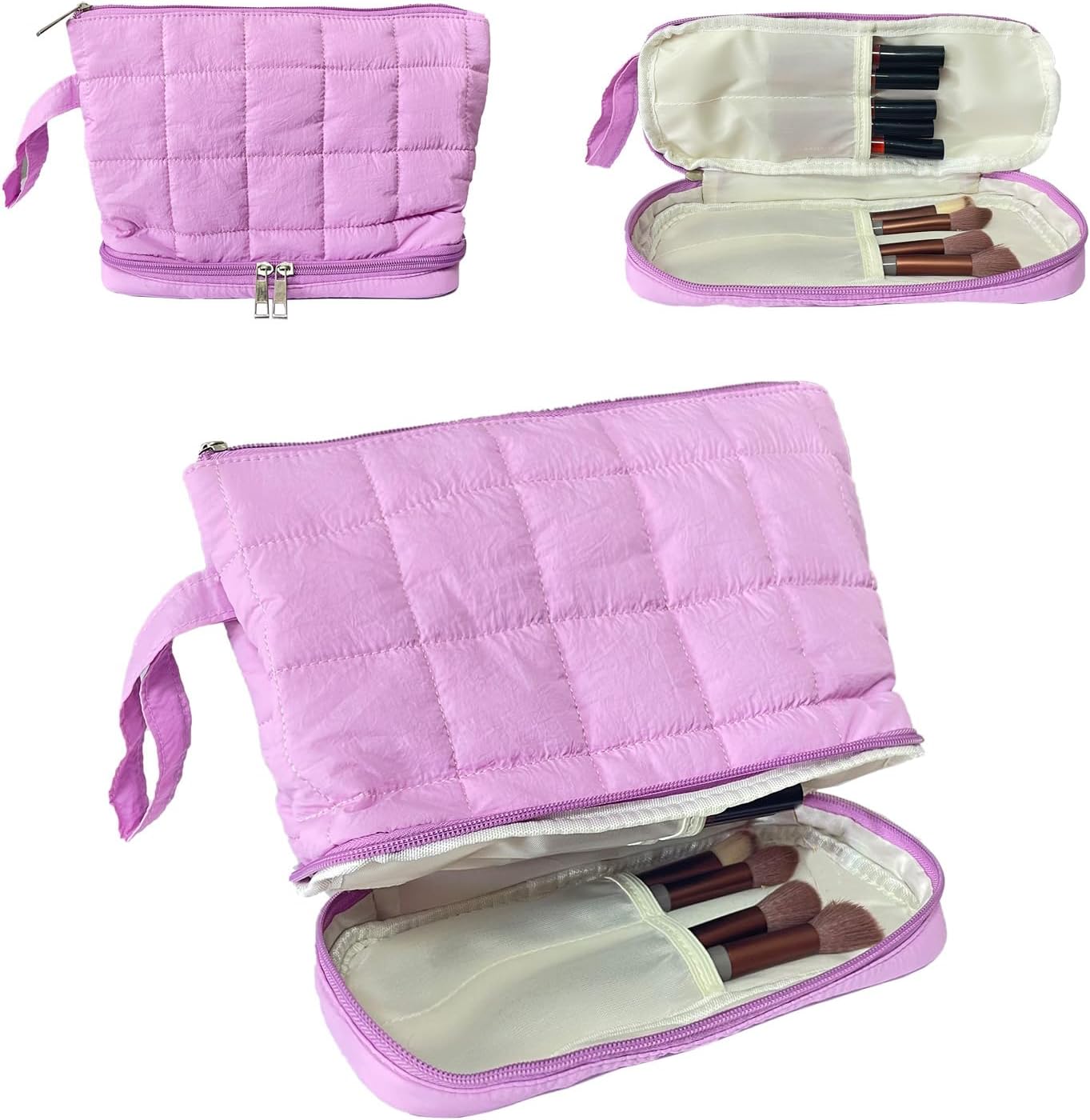 Purple Puffy Puffer Makeup Bag for Purse Small Makeup Pouch Quilted Cosmetic Bag Cute Cotton Toiletry Pouch Bag for Women