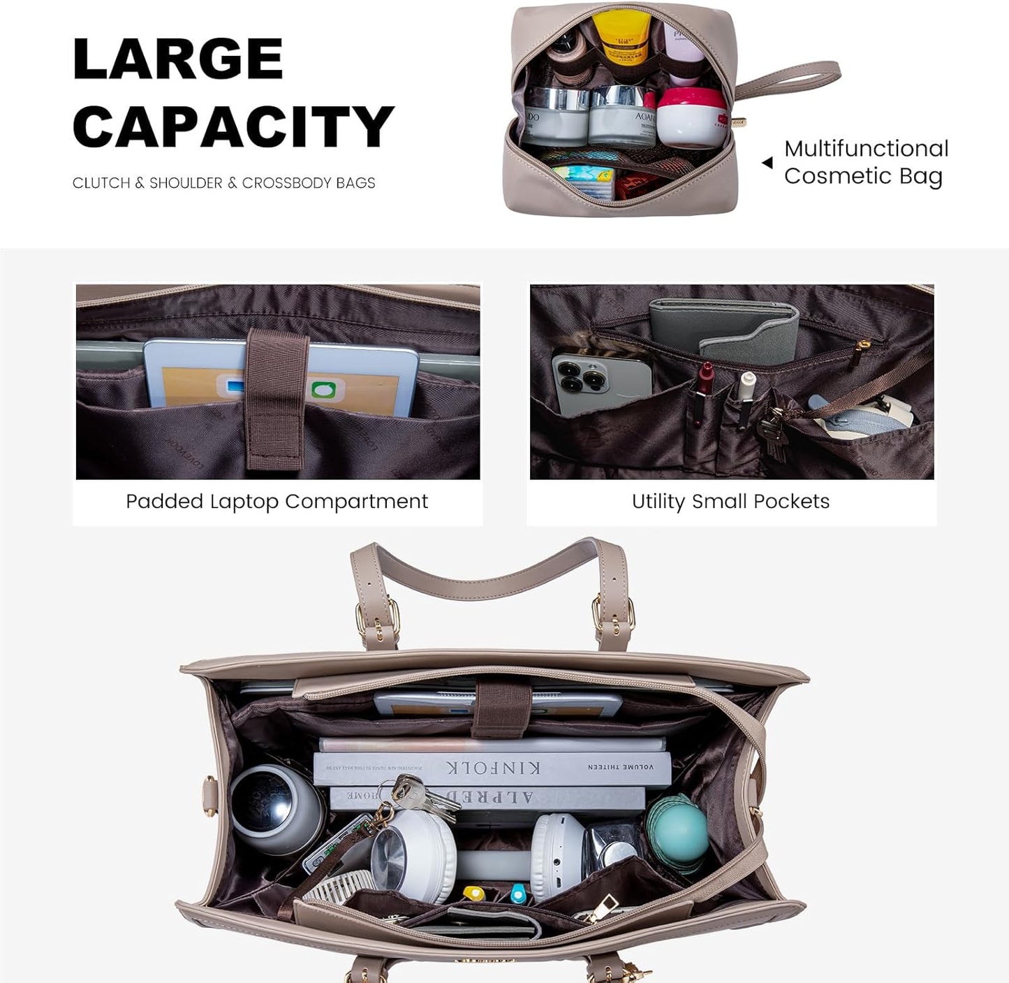 LOVEVOOK Laptop Tote for Women - 15.6 inch Lightweight PU Laptop Bag, Large Capacity Computer Bag with Clutch Purse for Business, Work, Travel, School, Casual (Cinnamon, 15.6 Inch)