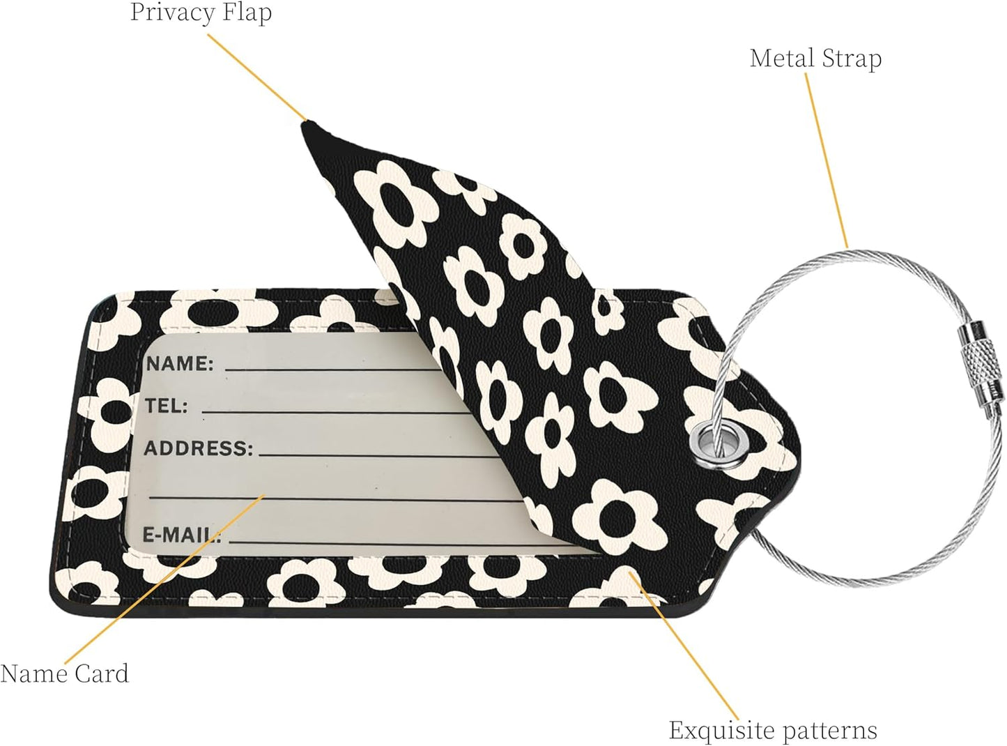 2 Pcs Luggage Tags for Suitcase, Cute Unique PU Leather Travel Bag Tag with Privacy Cover ID Label Address Card and Durable Metal Ring Suitable for Men Women Children Backpack,White Flowers