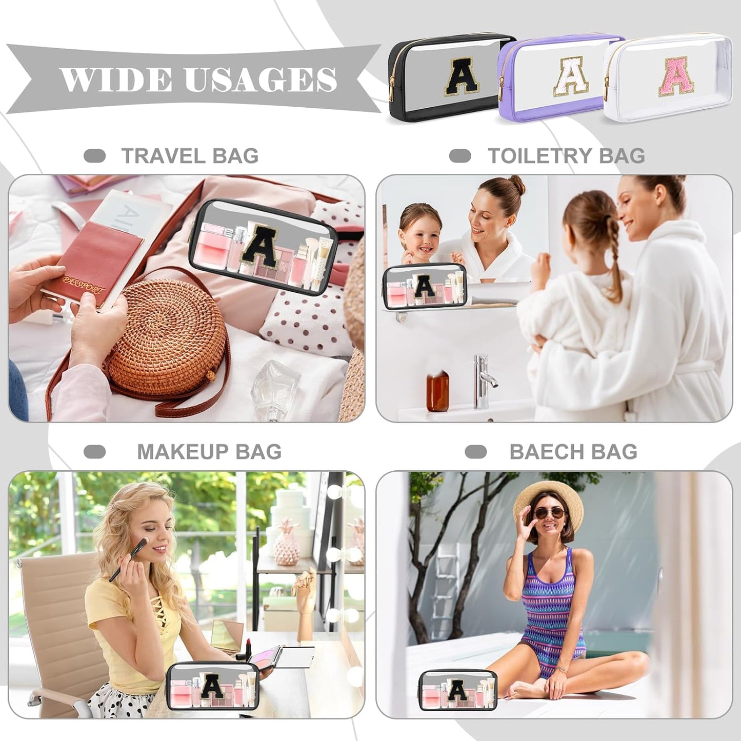 Personalized Initial Letter Clear Makeup Bag,Preppy Small Nylon&PVC Cosmetic Zipper Bag with Chenille Letter,Travel Skincare Toiletry Bag,Monogram Christmas Gift for Teen Girls Women,A