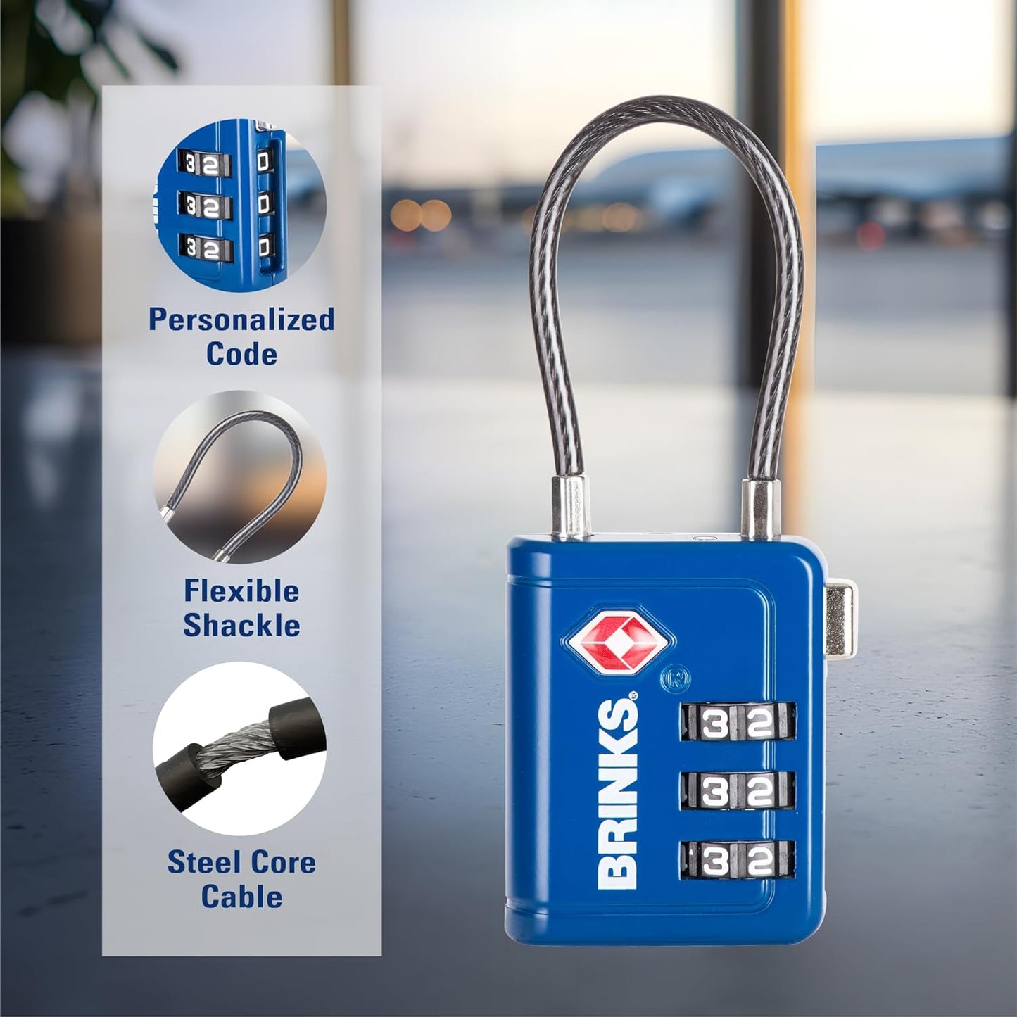 Brinks TSA Accepted Indicator Luggage Lock, Blue - Resettable 3-Dial Combination, 1.5 inch Long Cable Shackle, New More Secure TSA008 Key, 4 Pack