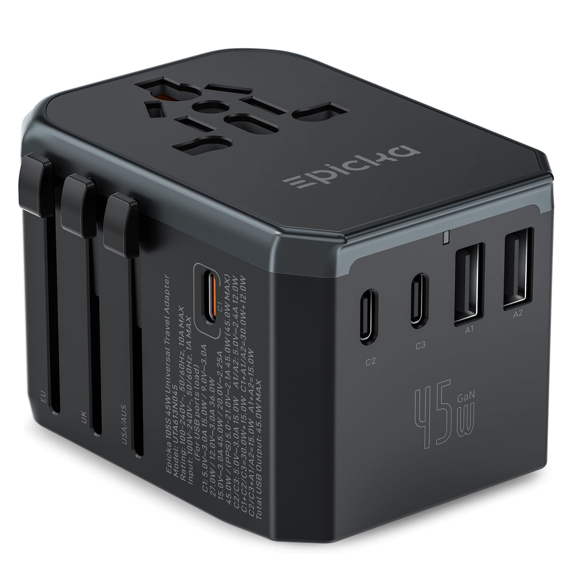 EPICKA 45W Universal Travel Adapter PD&QC, 1AC/4USB-C/1USB-A