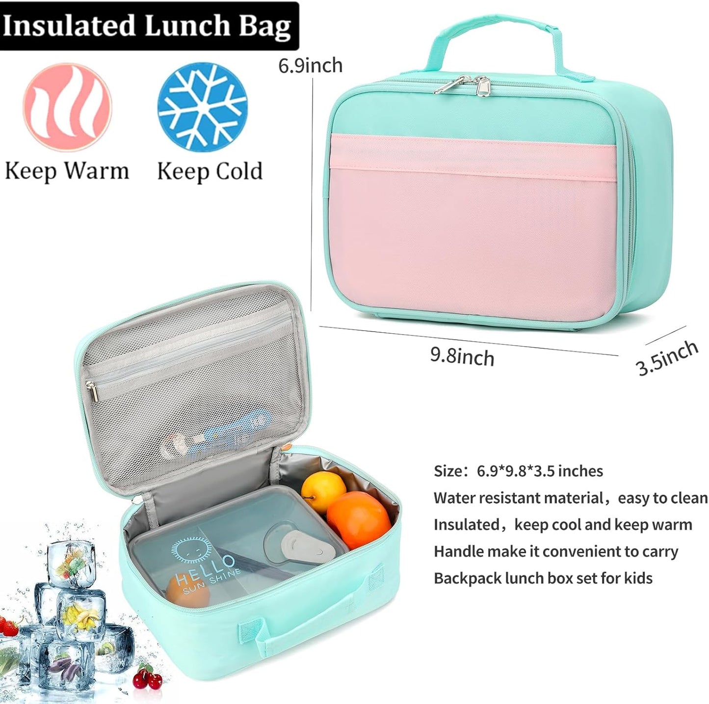 Backpack Set for Girls Boy Kids Backpack with Lunch Box for Elementary Primary Kindergarten School Bag (Pink Green, Large)