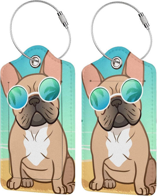 Cute French Bull Dog 2 Pcs Luggage Tags, Privacy Cover Id Label with Stainless Steel Loop and Address Card for Suitcases & Travel Bags