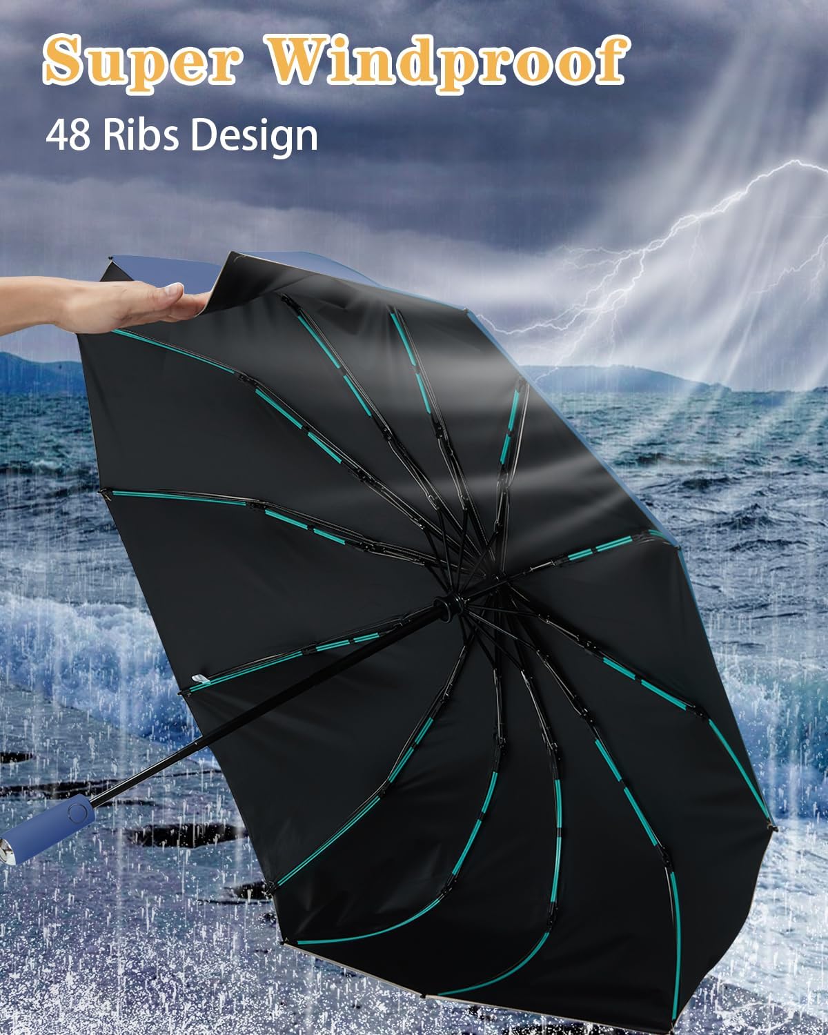 Large Double-Ribs Umbrella Automatic Folding Umbrella for Women Men, Travel, UPF 50+ UV Protection,46-Inch, 12 Ribs, Light Green