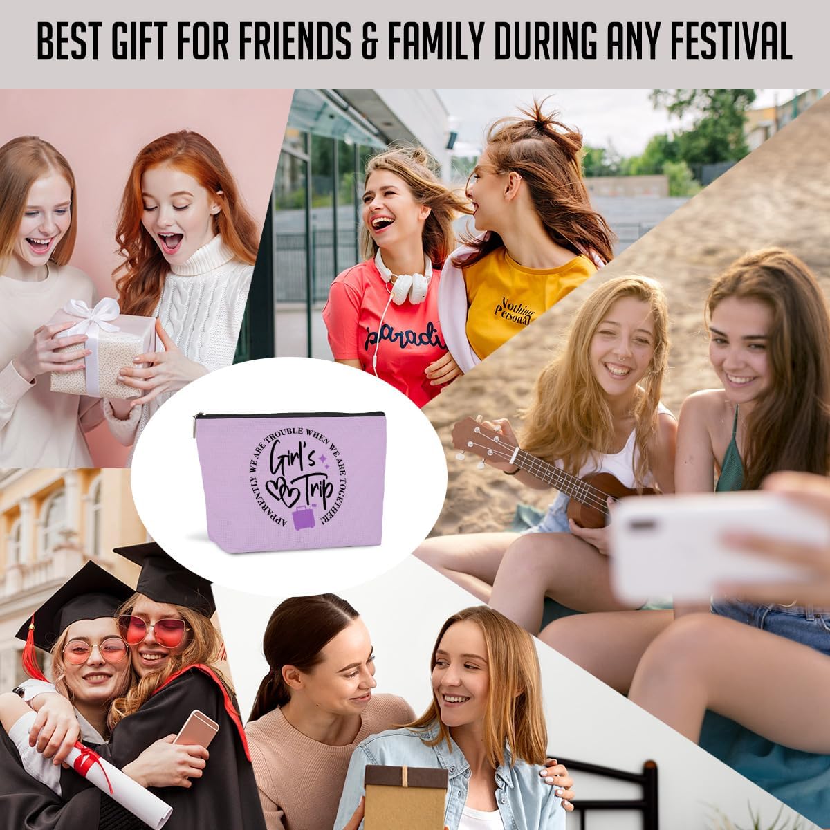 6 PCS Girls Trip Gifts Favors Girls Trip Bag Girls Trip Makeup Bag Girls Weekend Gifts for Women Girls Weekend Gifts Ideas for Friend Cosmetic Bag Weekender Bag for Women Christmas Holiday Vacation