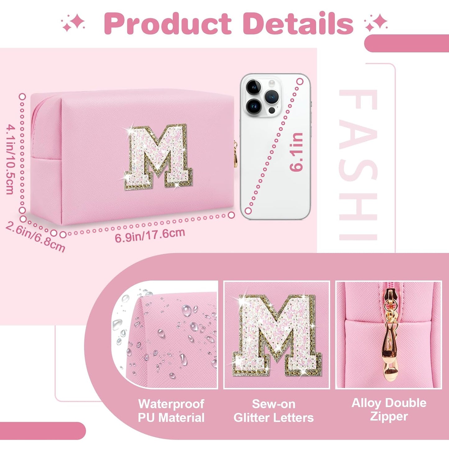 Small Personalized Initial A-Z Patch Makeup Bag,Pink Cute PU Leather Glitter Letter Cosmetic Bag for Teen Girls,Travel Toiletry Bag with Zipper,Preppy Monogrammed Birthday Gift for Daughter Niece M
