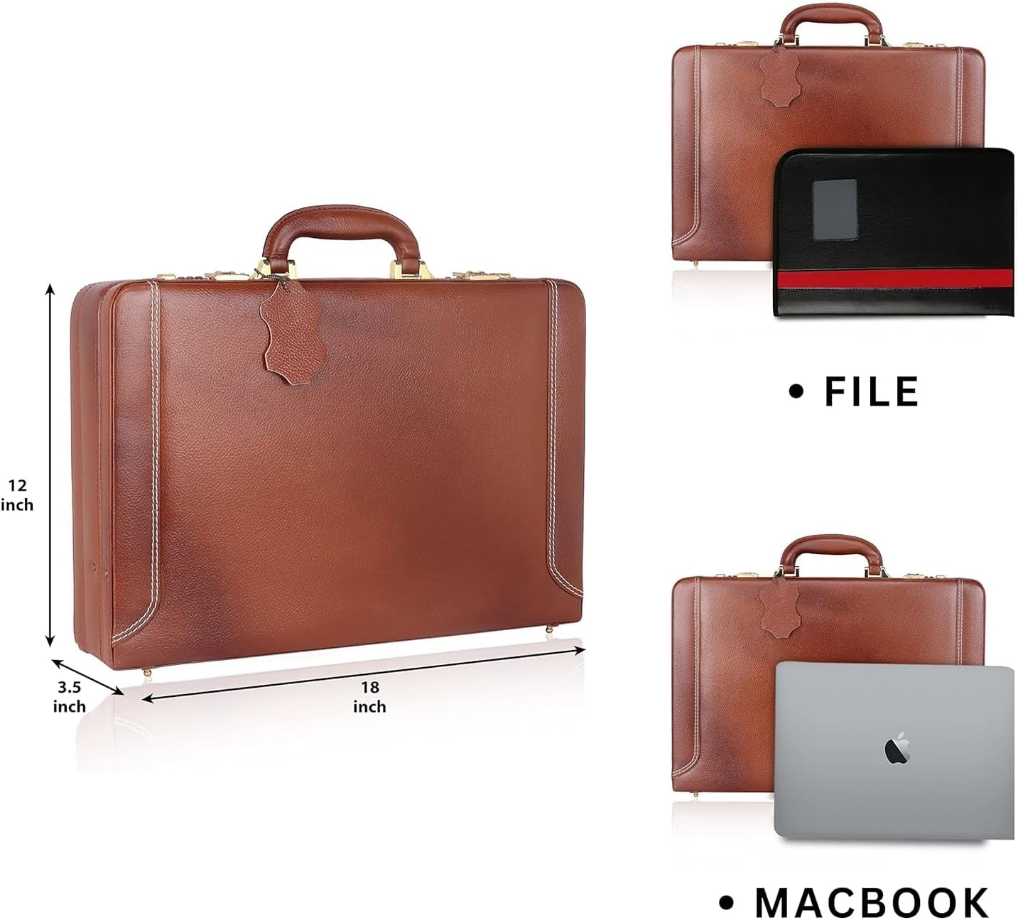 Full Grain Leather Briefcase Attache Case For Unisex Size L18 x W5 x H12 Inches Expandable
