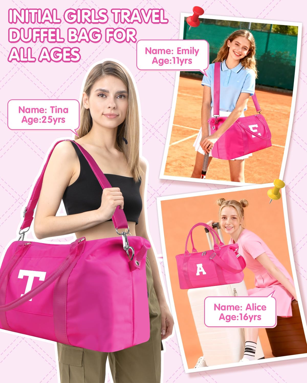 Overnight Bag for Kids Teen Girls Weekender Dance Bag Birthday Graduation Gifts,Initial Travel Duffel Bag Sports Gym Bag Personalized Weekender Bag Carry On Bags Preppy Gifts for Women(Hot Pink, F)