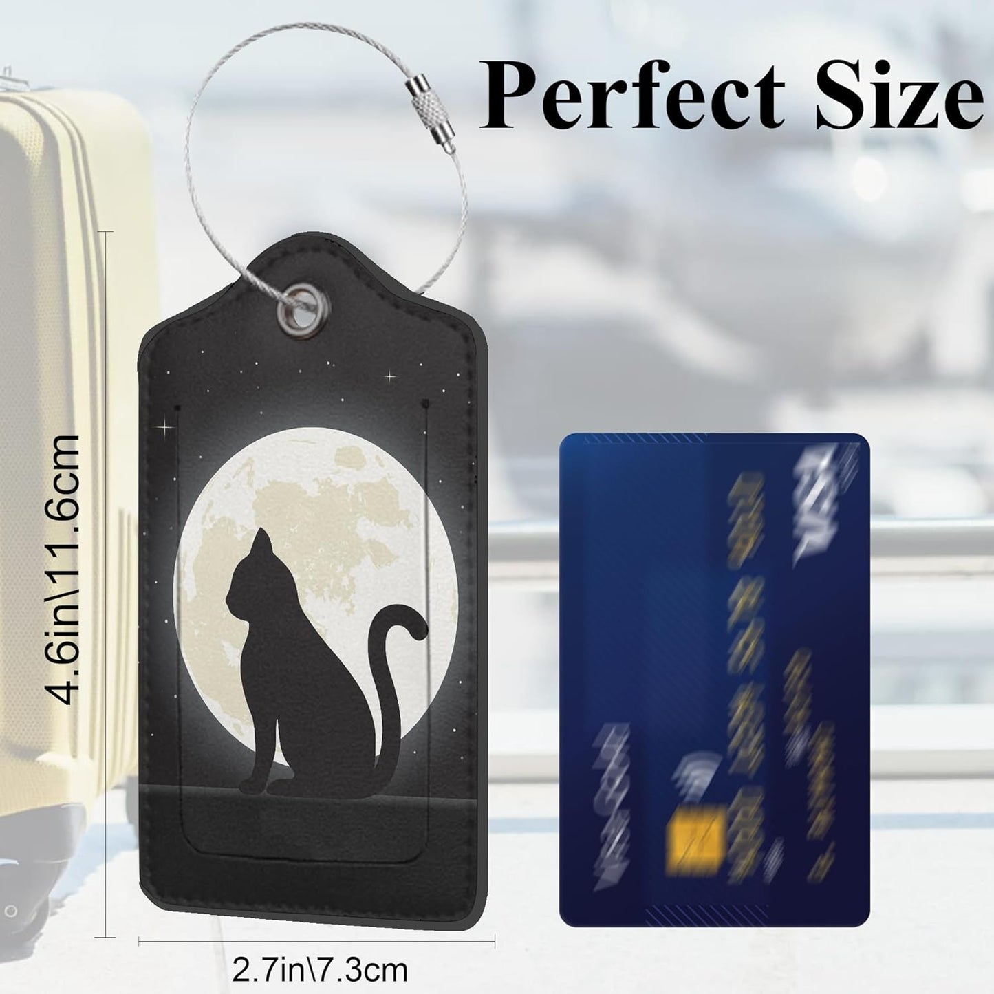 Black Cat The Night Sky 2 Pack PU Leather Luggage Tags for Suitcase, Calm Cat on Hilltop Travel Tag with Privacy Flap, Name ID Label and Metal Loop for Women Men Baggage