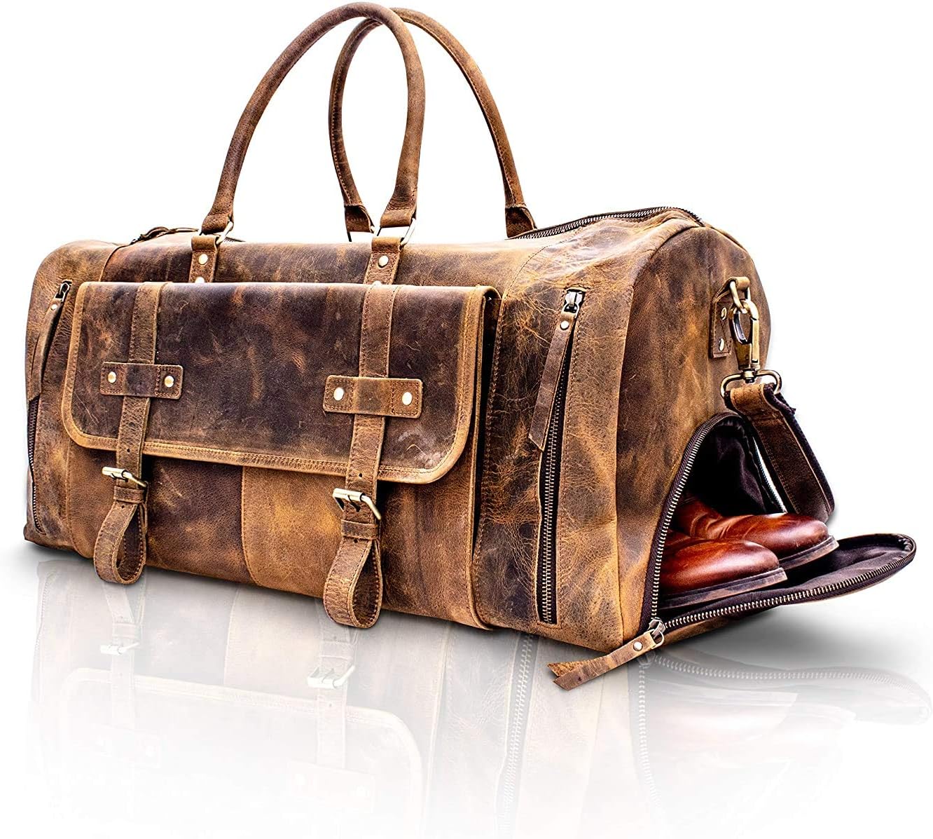 KomalC 24 Inch Brown Leather Duffel Bag for Men and Women with Shoe Pocket