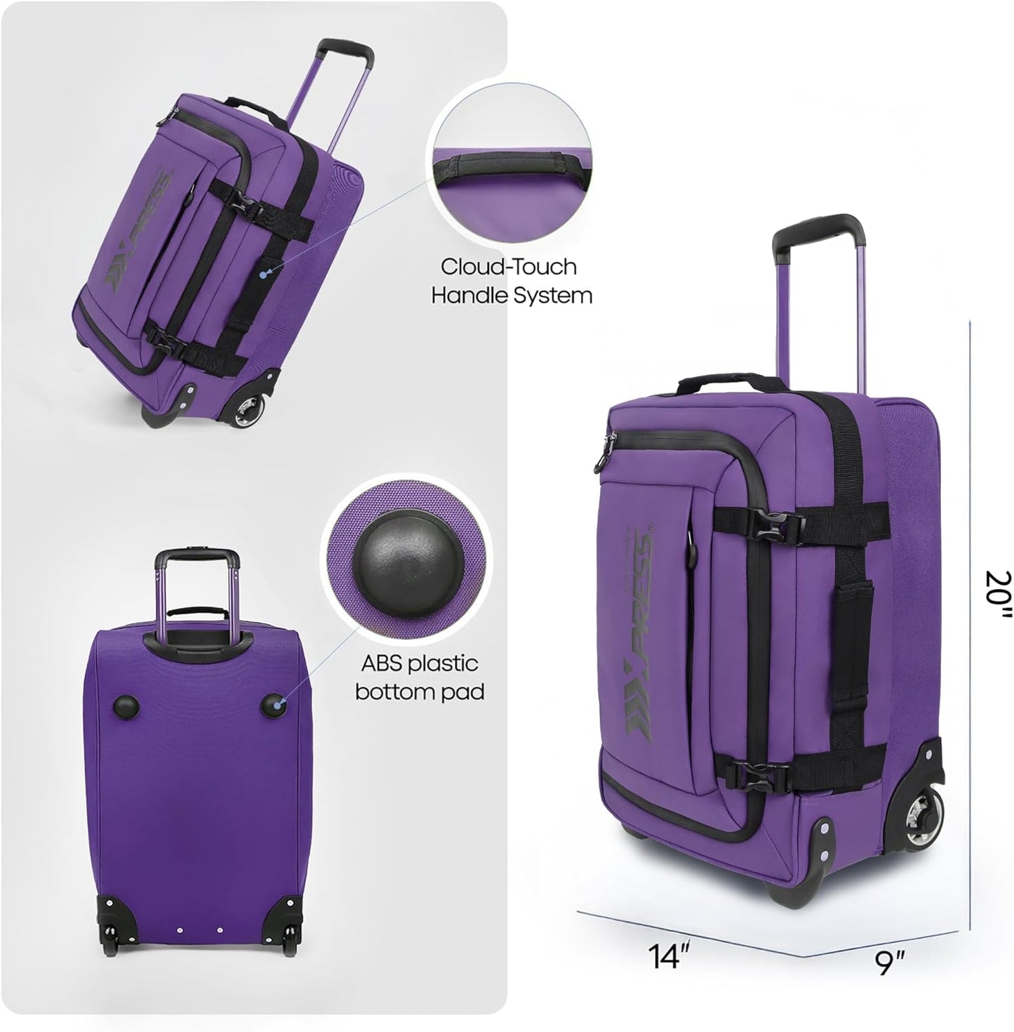 20'' Rolling Duffle Bag w/Wheels,Rolling Duffle Bag w/Handle,Carry on Luggage Travel Duffle Bags for Man Women,（20,Purple）