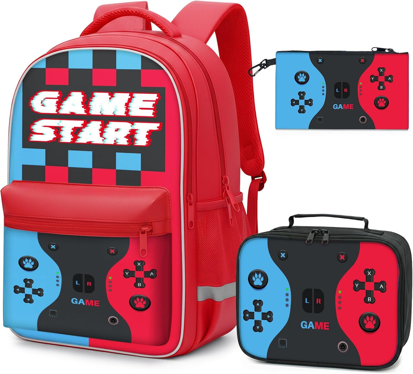 Video Game Style Backpack for Boys - 3 Piece School Set Includes Large 16.5 Inch Bookbag, Lunch