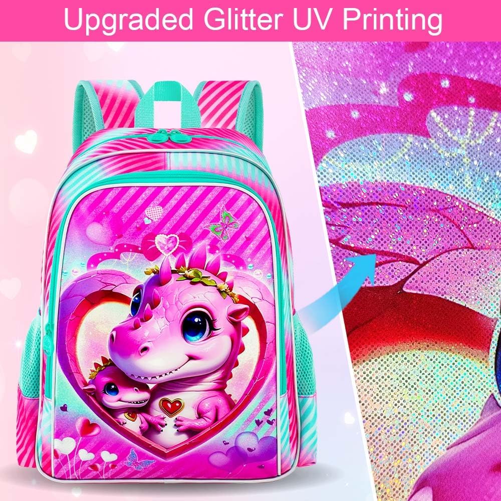 3PCS Girls Backpack, Kids Water Resistant Heart Bookbag Set with Lunch Box, Cute Kids School Bag for Preschool Toddler