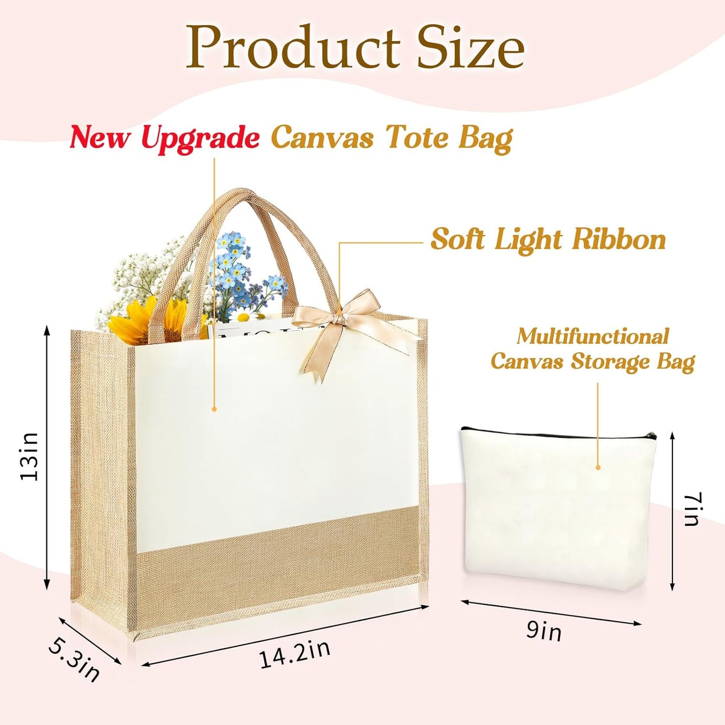 Initial Canvas Tote Bag & Makeup Bag for Women Teacher Bridesmaids，Personalized Present for Wedding, Birthday, Beach