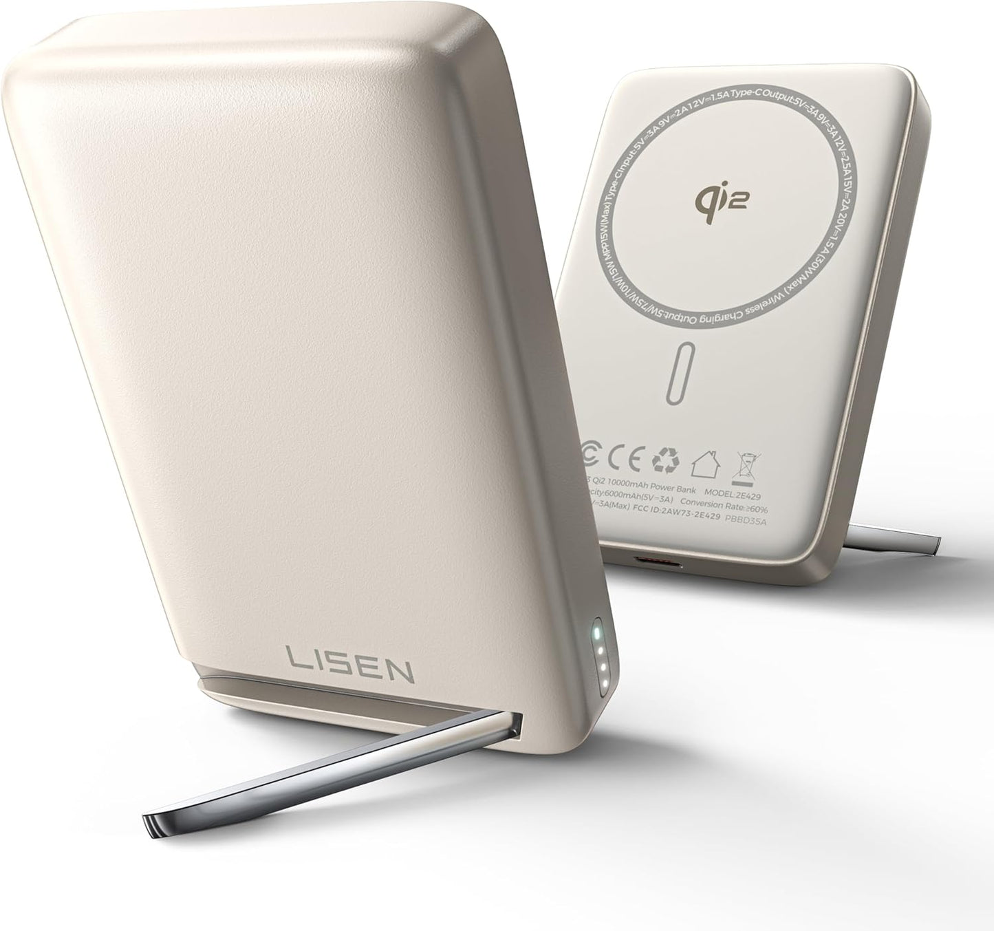 LISEN Qi2 Certified 15W MagSafe Portable Charger Power Bank, 10,000mAh Battery Pack with Metal Foldable Stand, Wireless Phone Charger for iPhone 16/15/14/13, 30W Fast Charging with USB-C Cable White