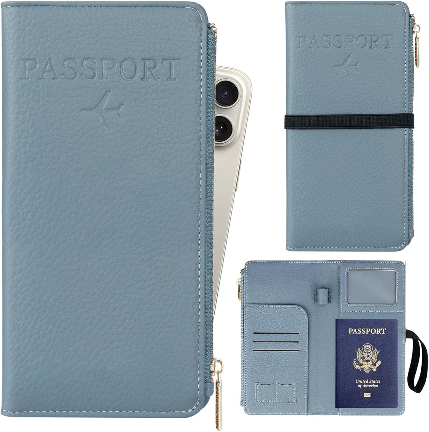 Real Leather Wallet RFID Blocking Passport Holder with Zipper Pocket Travel Organizer Pink (Light blue)