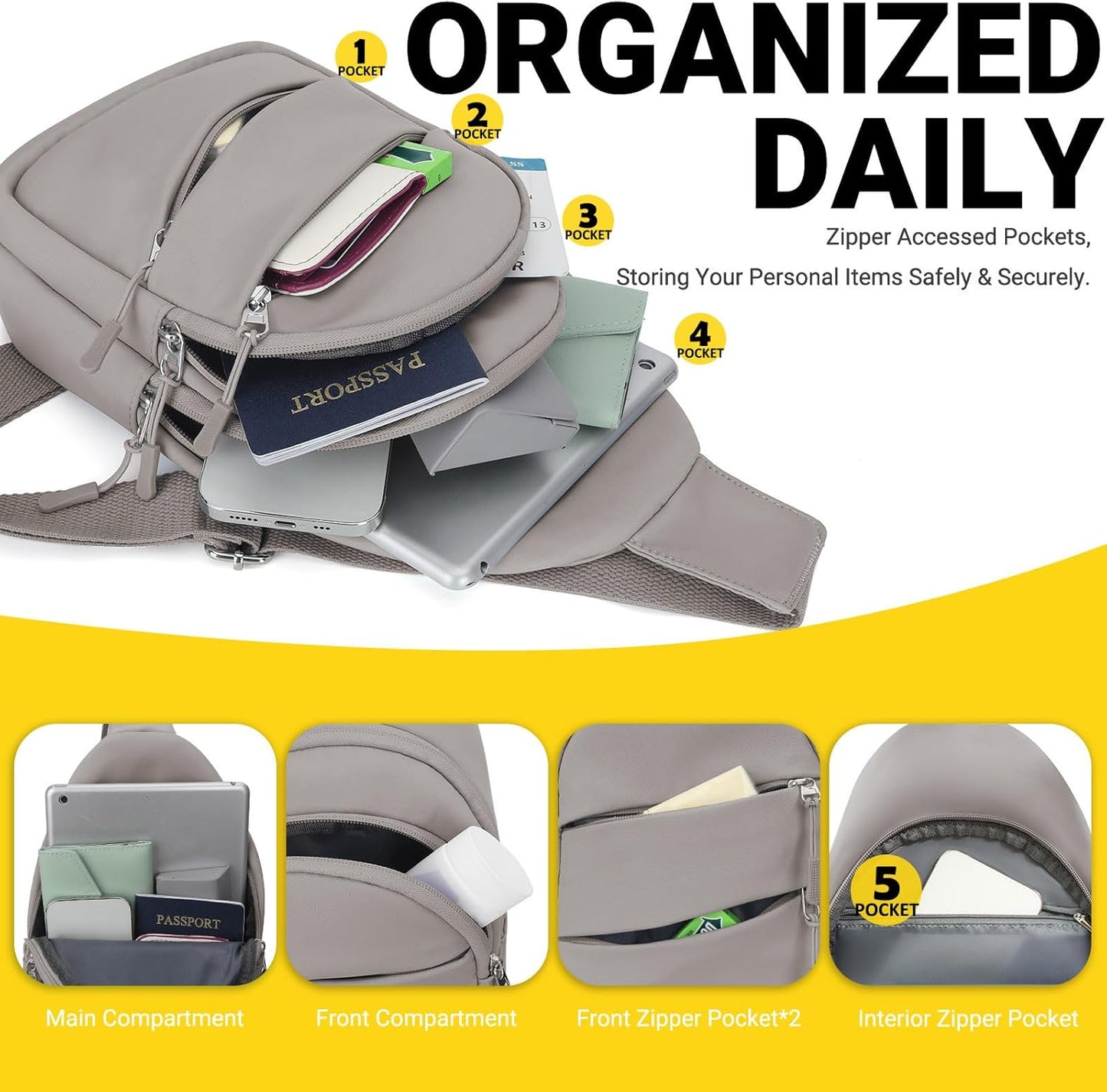 Crossbody Bags for Women, Sling Bag for Men, Small Hiking Backpack Anti Theft Lightweight for Outdoors Travel (M, Khaki)