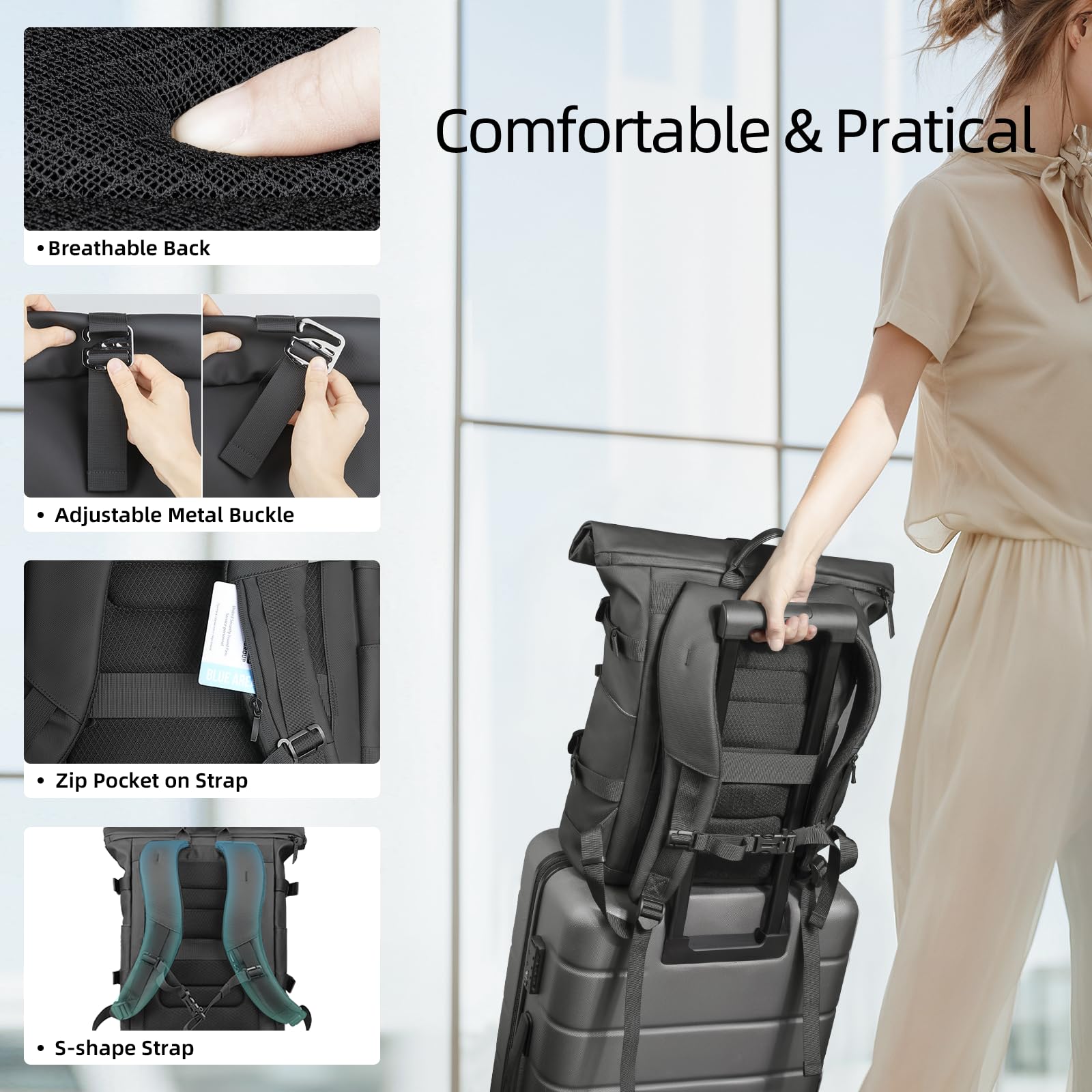 Rolltop Laptop Backpack, Expandable Business Travel Backpack for Men Women