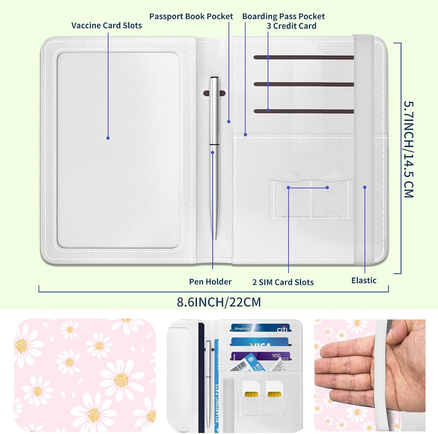 Passport Holder for Travel Essentials, Leather RFID Blocking Passport Wallet Cover Case, Cute Passport Book Holders for Women and Men Cute Pink Daisy
