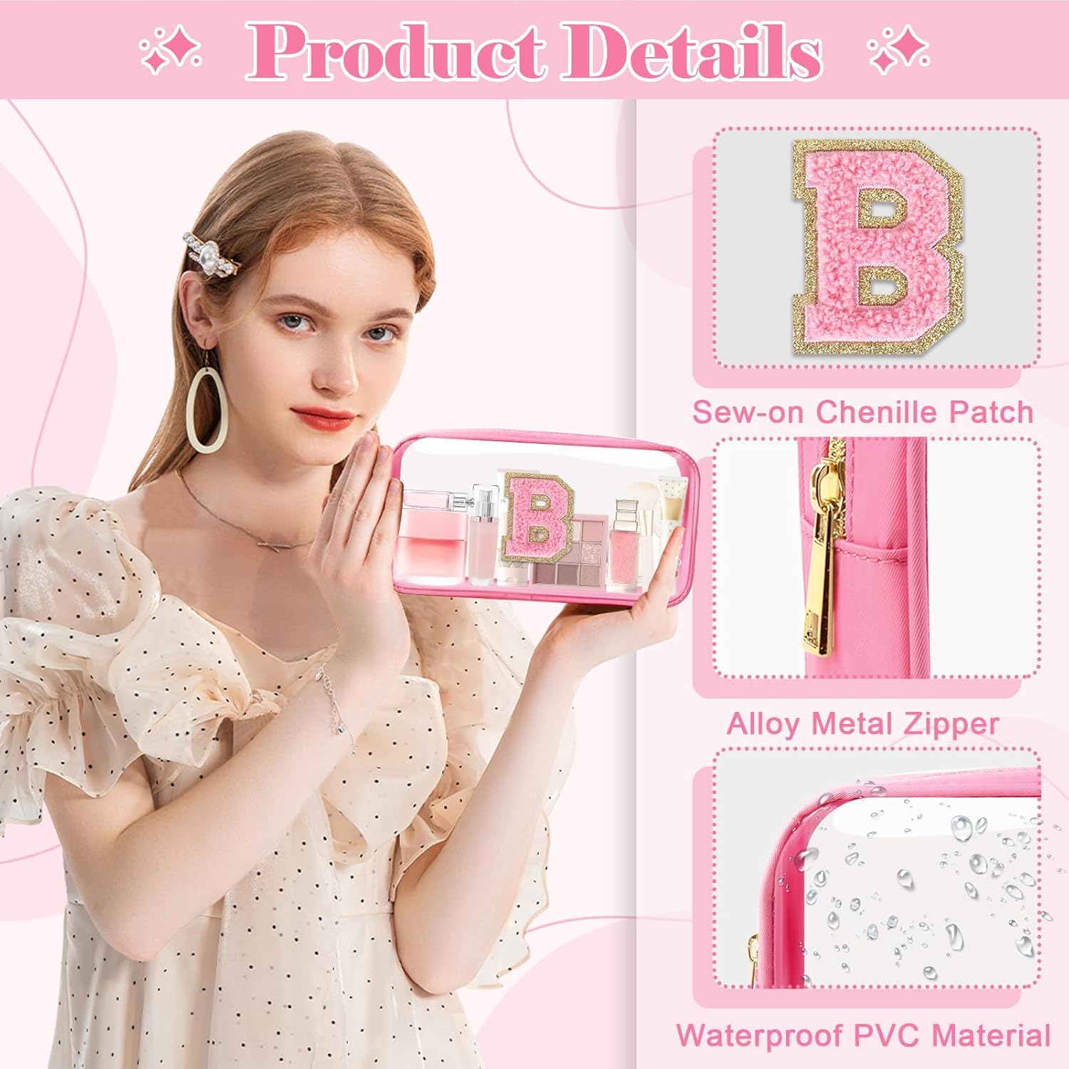 Personalized Initial Letter Clear Makeup Bag,Preppy Small Nylon&PVC Cosmetic Zipper Bag with