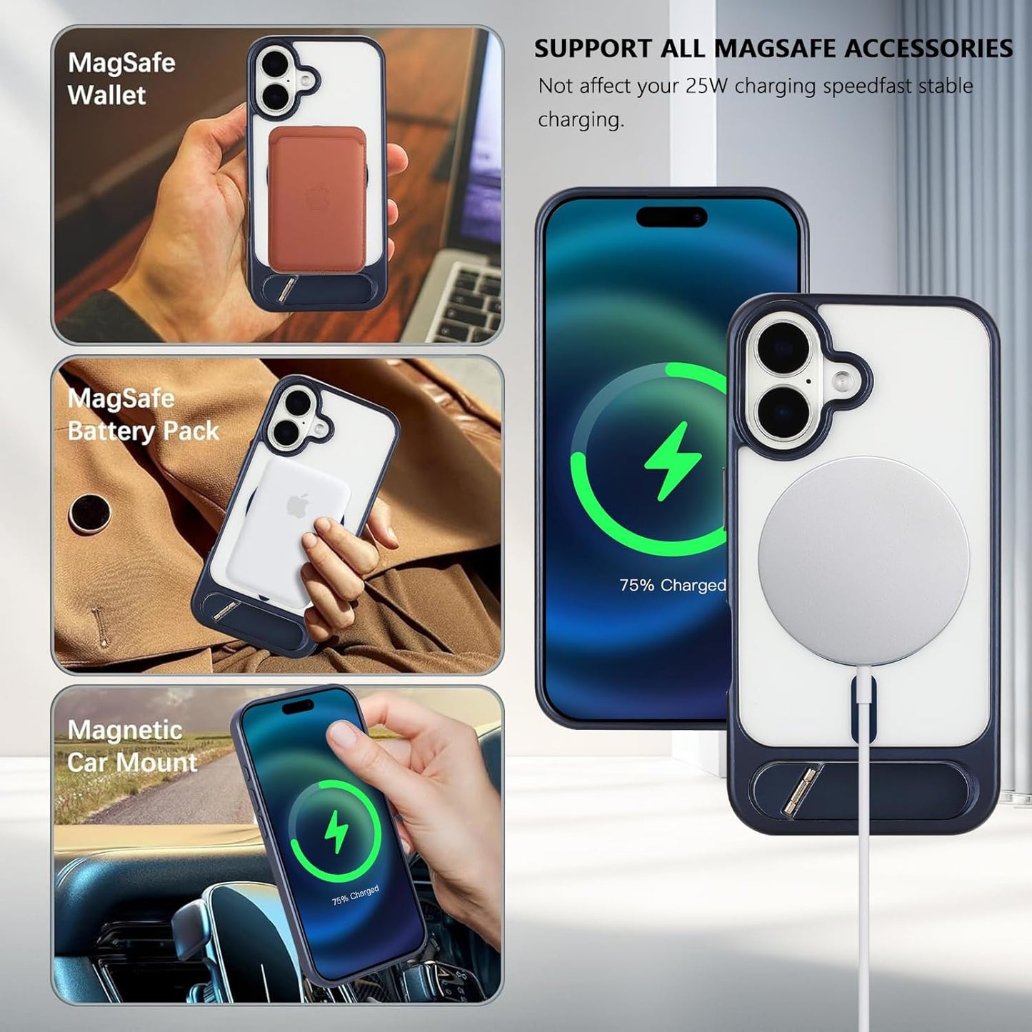 Tikoo Strong Magnetic for iPhone 16 Case with Magsafe and Built-in Invisible Kickstand Slim Translucent Matte Military Grade Protective Phone Case for iPhone 16 6.1”