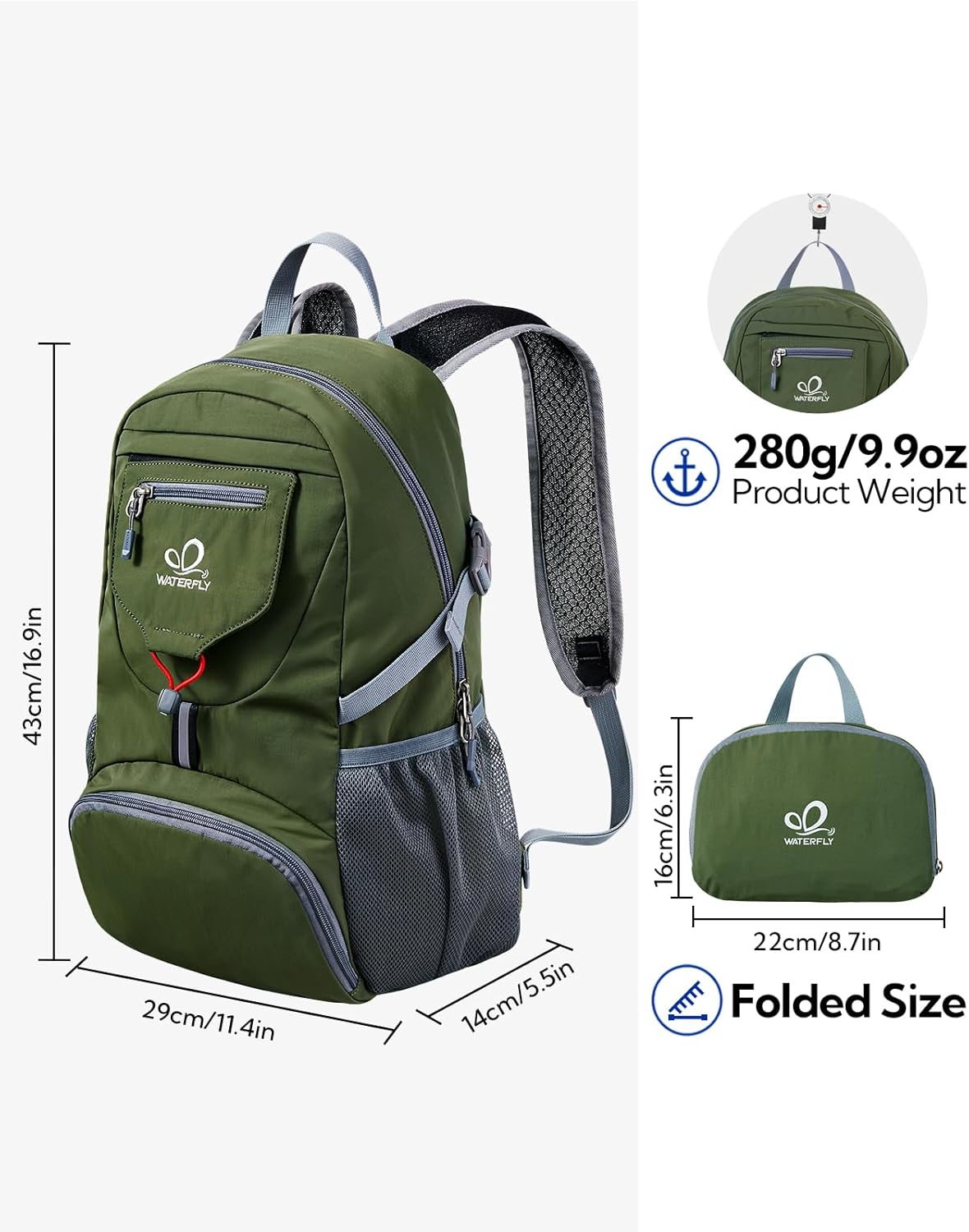 WATERFLY Small Lightweight Packable Backpack: 20l Ultra Light Foldable Travel Hiking Camping