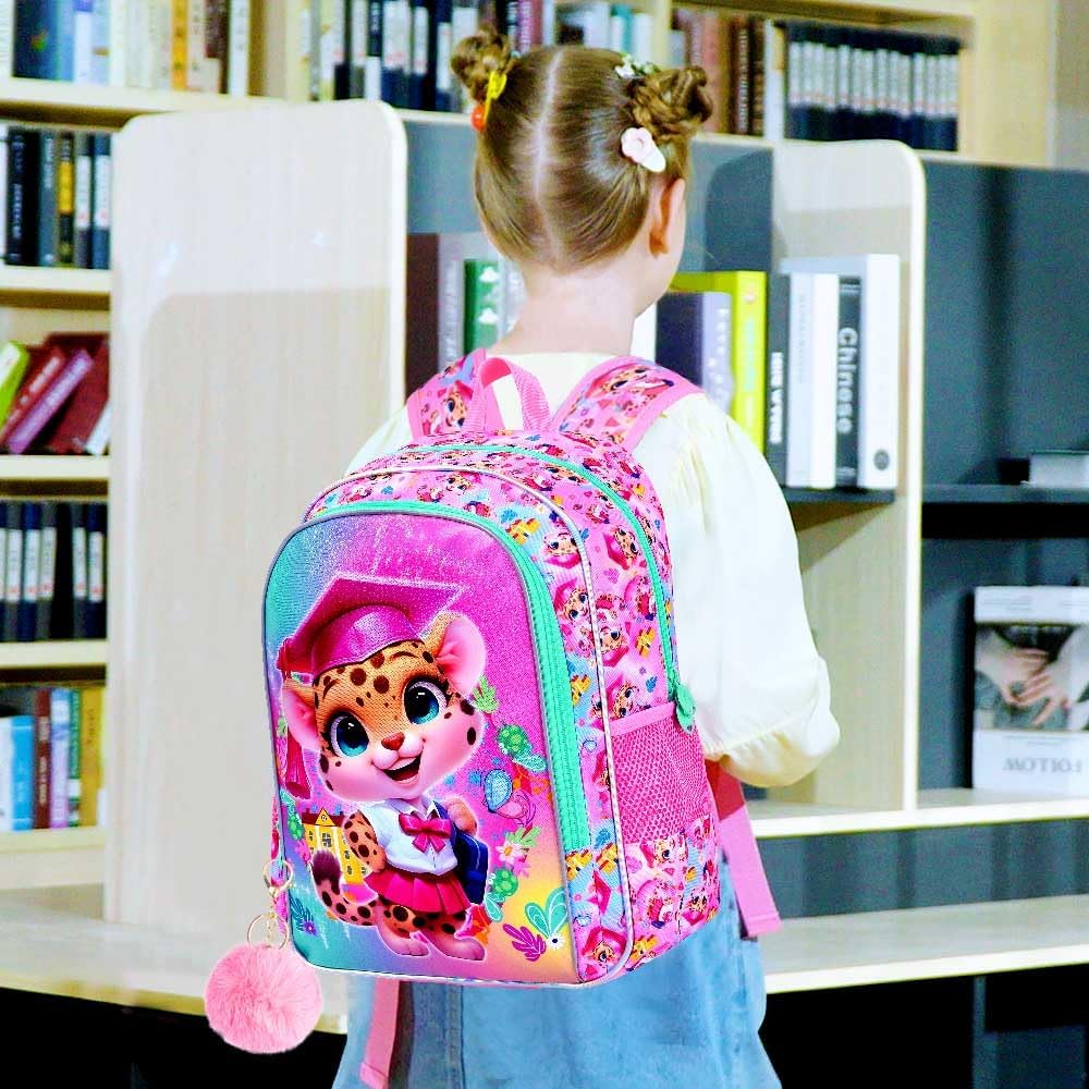 3PCS Leopard Bookbag for Girls, 16" Kids Backpack with Lunch Box, Water Resistant Elementary Prechool Toddler Shool Bag - Pink Dr. Leopard