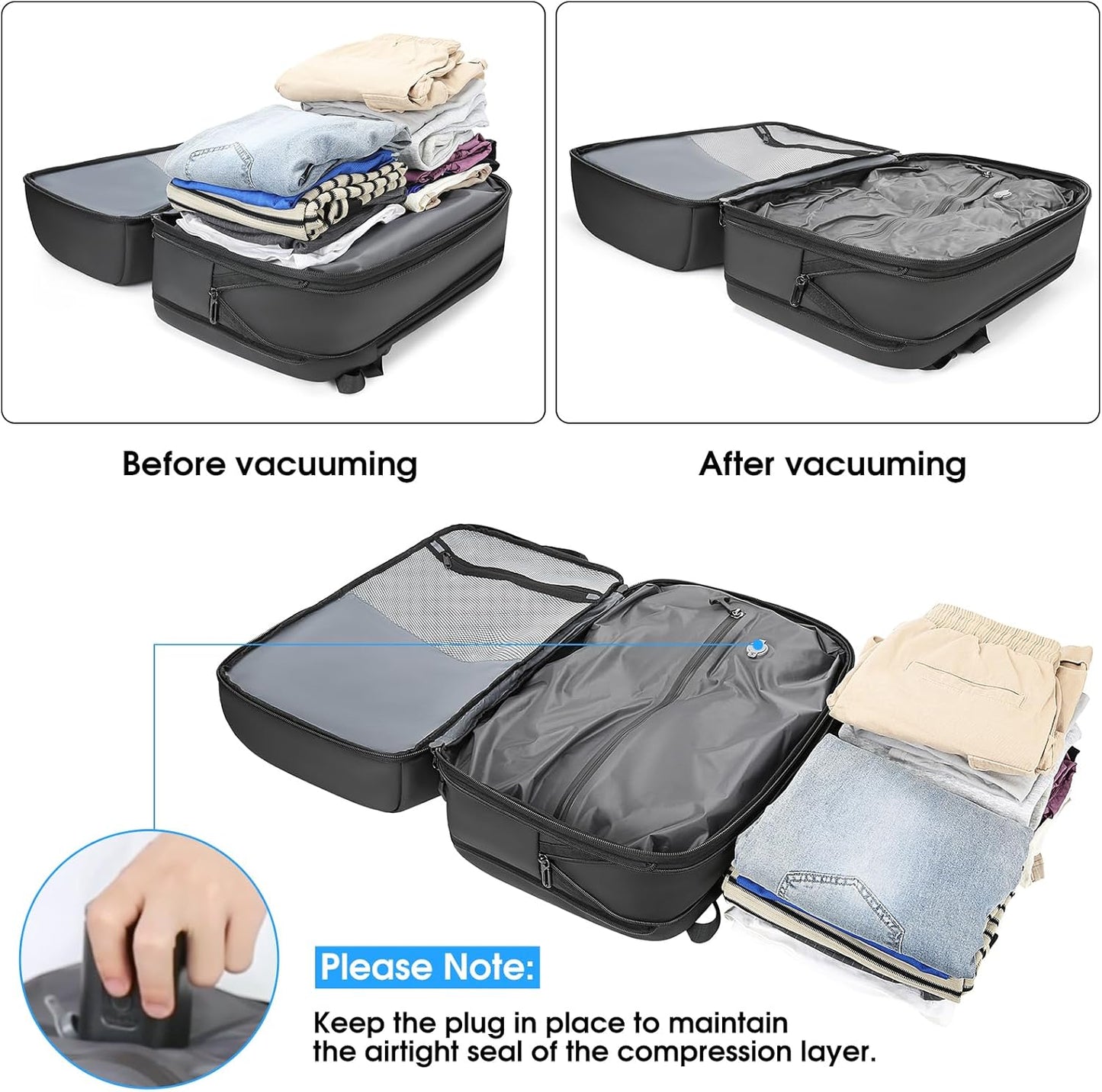 Vacuum Backpack for Men, 50L Expandable Travel Backpack With Vacuum Seal System, Water Resistant 17.3 Inches Laptop Backpack with USB Charging Port- Vaccum Pump Included
