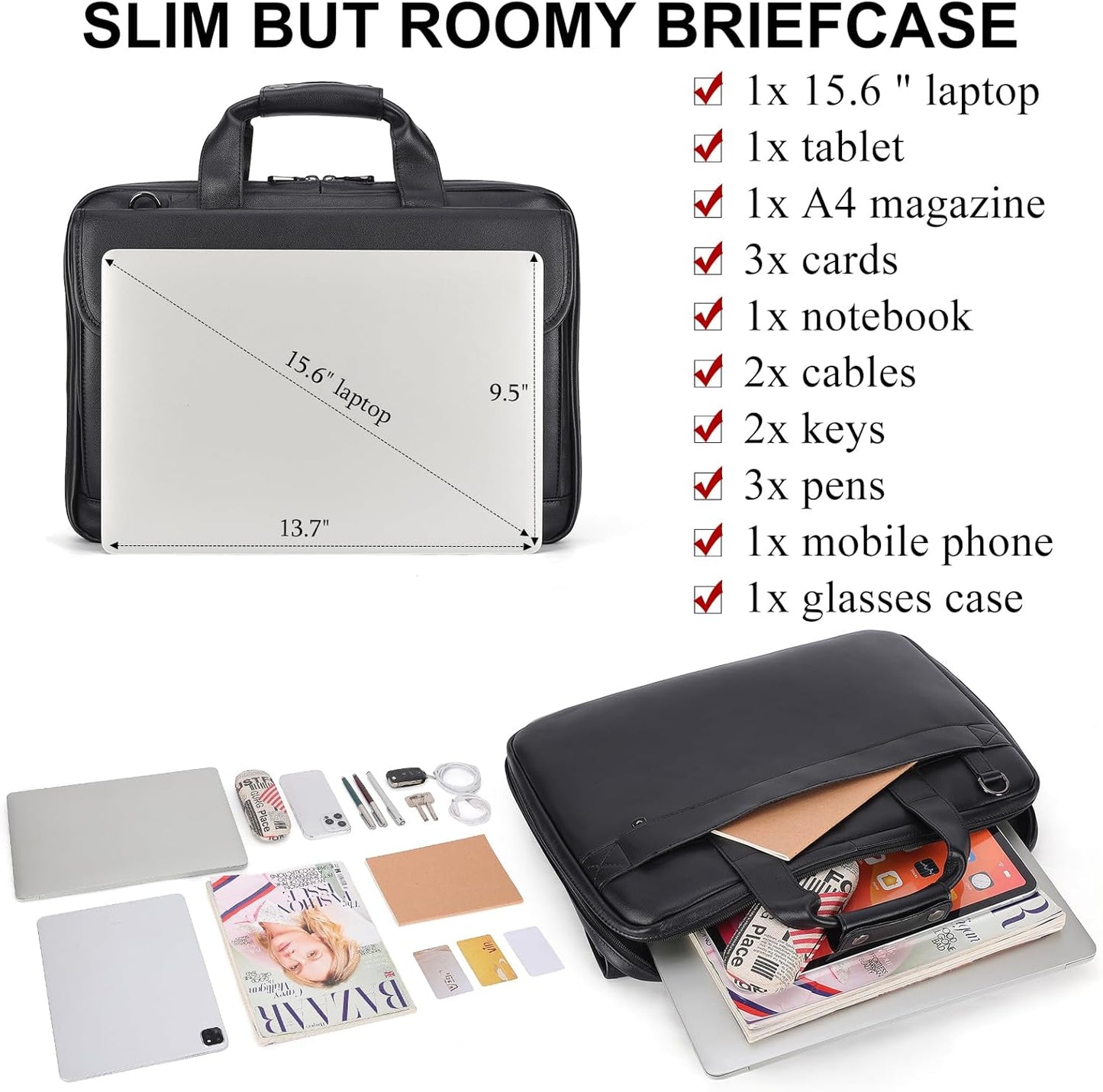Masa Kawa Leather Briefcase for Men Slim 15.6" Laptop Bag Waterproof Crossbody Shoulder Messenger Computer Attache Case for Business Work, Black
