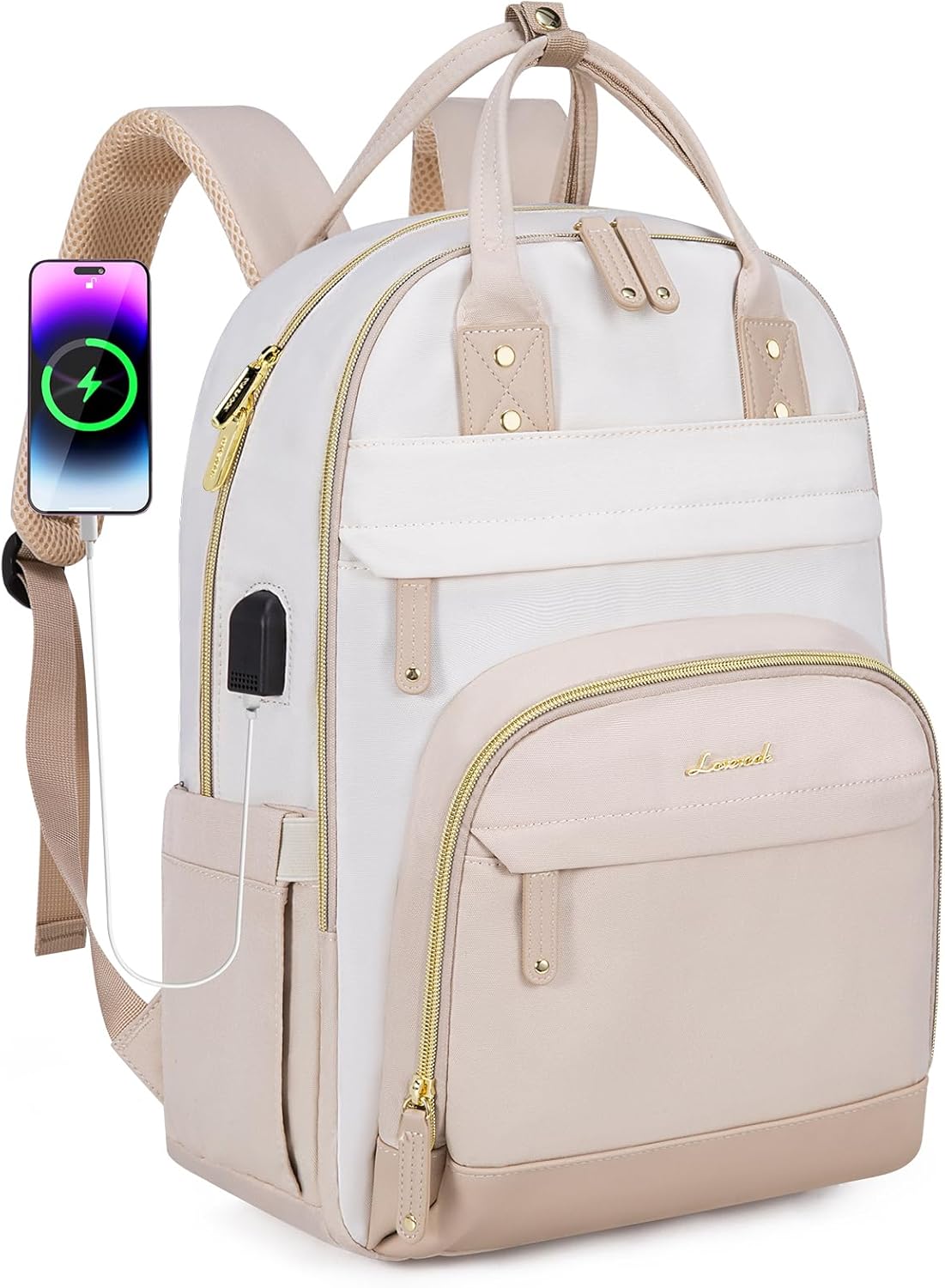 LOVEVOOK Backpack for Women,Laptop Backpack Women,Fits 15.6 Inch Laptop Bag,School Backpack,Fashion Travel Work Anti-theft Bag,Waterproof Business Computer College Backpack Purse,Beige white-Grey pink