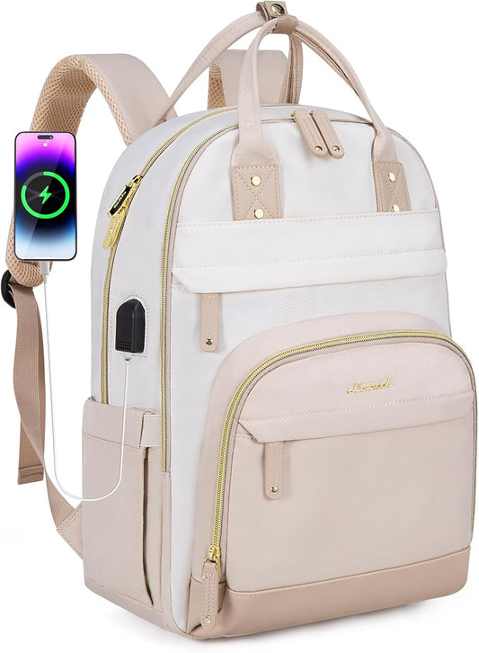 LOVEVOOK Backpack for Women,Laptop Backpack Women,Fits 15.6 Inch Laptop Bag,School Backpack,Fashion Travel Work Anti-theft Bag,Waterproof Business Computer College Backpack Purse,Beige white-Grey pink
