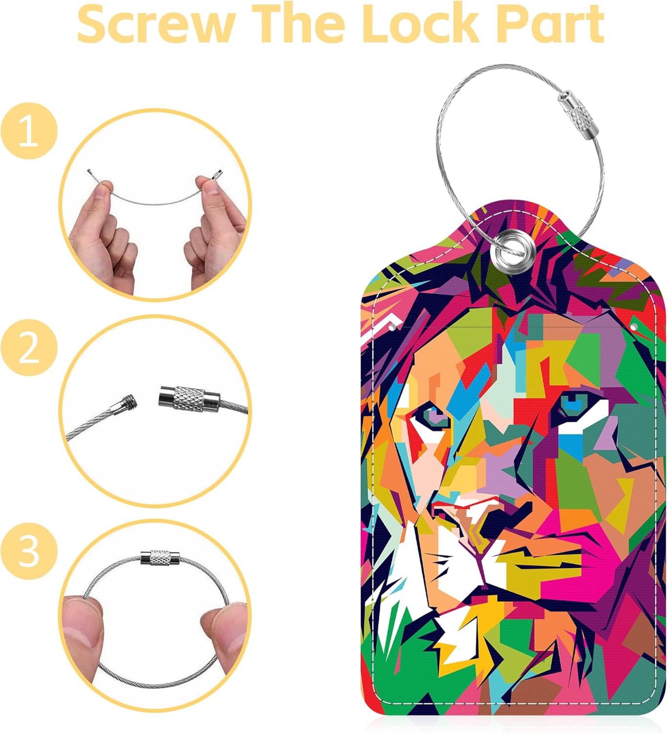 Luggage Tags for Suitcase Pop Art Lion 2 PCS Leather Travel Cruise Luggage Tag with Stainless Steel Loop Name ID Label Privacy Cover for Women Men Travel Bag Labels Set
