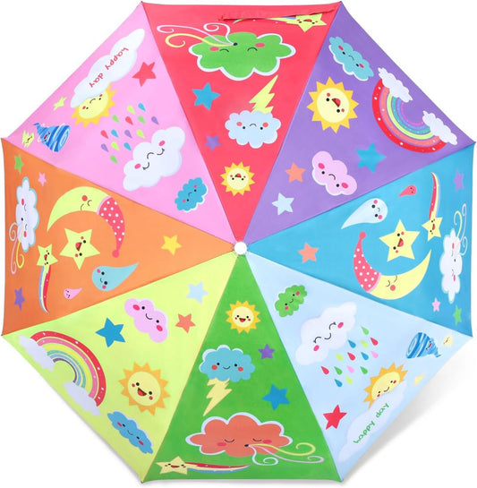 Kids Folding Umbrella Auto Open/Close Anti-rebound Safe Design UV Resistant Automatic Children Travel Umbrellas 8 Rib Reinforced Canopy 360° Reflective Strip Lightweight Cute Umbrella for Girls & Boys