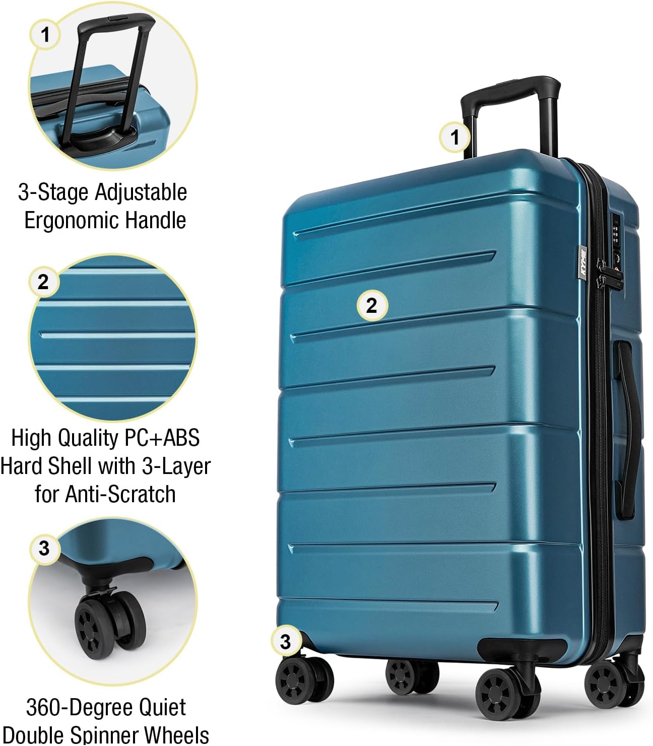 KYME Luggage Sets 2 Piece Hardshell 22"/26" Suitcase with Spinner Wheels Hardside Suitcases Sets with TSA Lock Lightweight Travel Luggage Set with Cup Holder for Women Men Blue