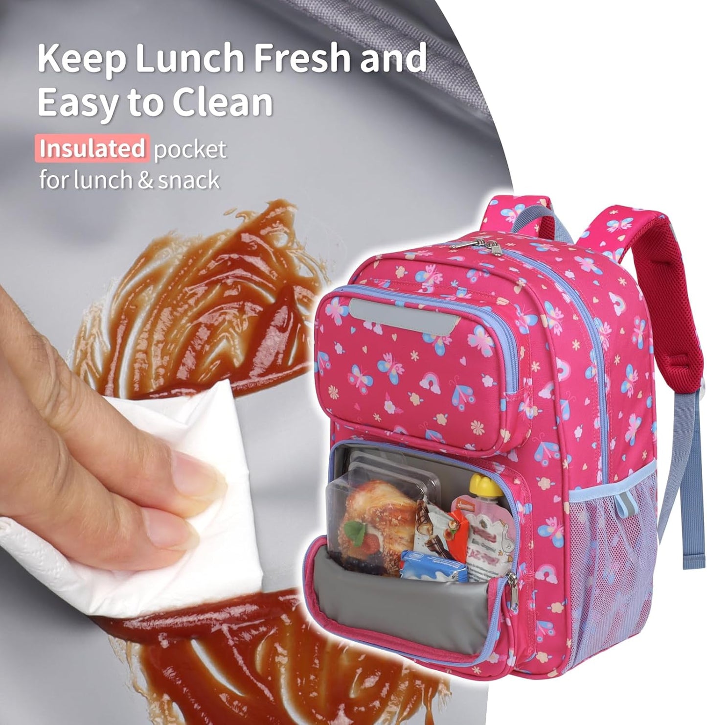 Kids Backpack for Girls - 15 Inch Backpack for Kids 3 to 8, Lightweight Bookbag for Preschool Kindergarten Elementary School, Insulated Pocket, Safe Reflective Stripe, Rose Pink Butterfly