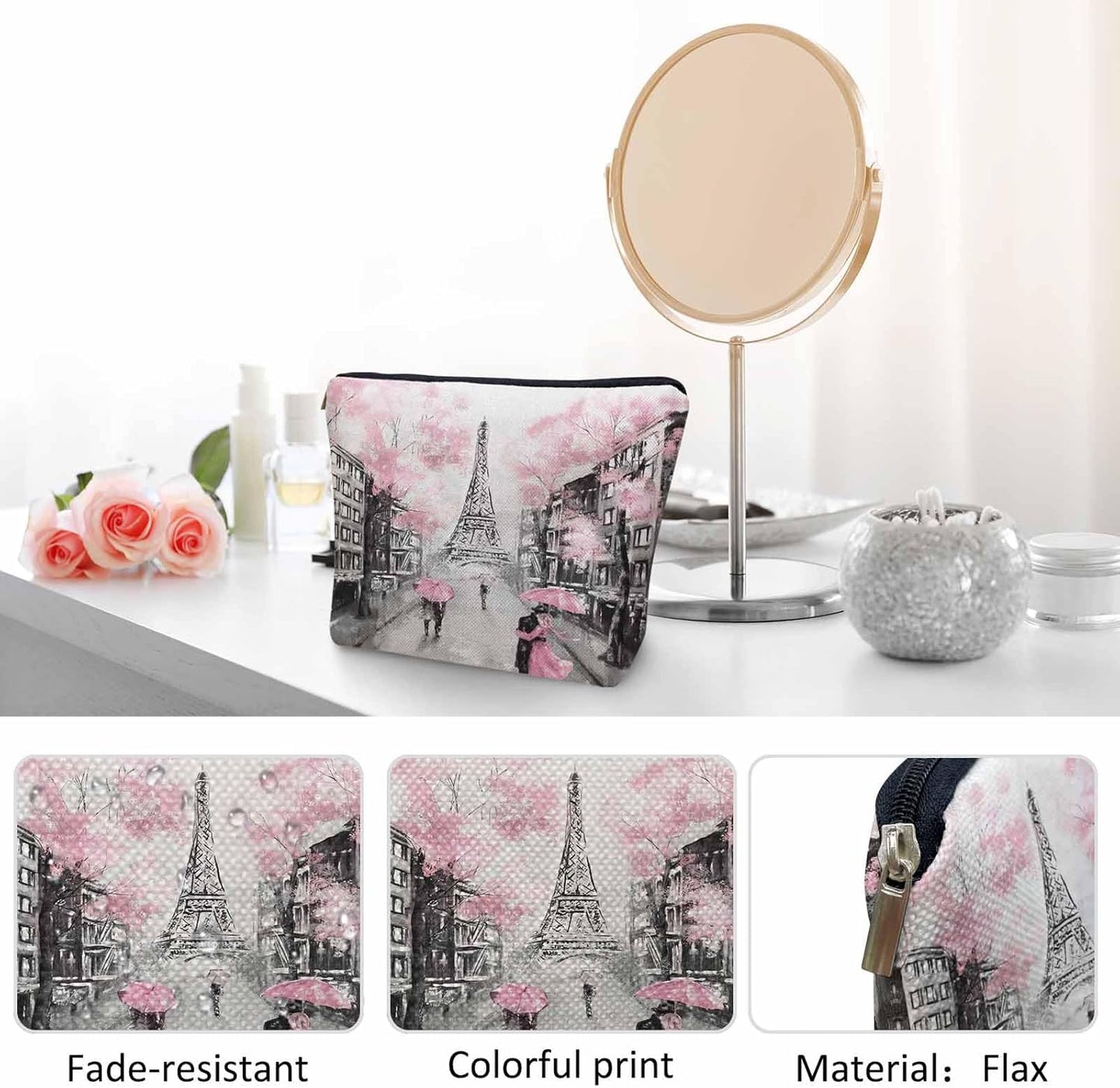 Woman Makeup Bag Paris, France Lovers Couple Eiffel Tower Cherry Pink Makeup Bags Travel Cosmetic Bags Toiletry Makeup Organizer Pencil Pouch Makeup Cosmetic Bag For Owners Lady
