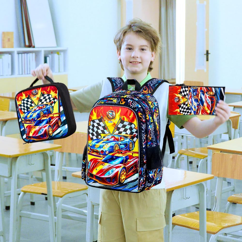3Pcs Cars Backpack, 16" Boys Bookbag with Lunch Box, Kids School Backpacks Set for Elementary Preschool Kindergarten