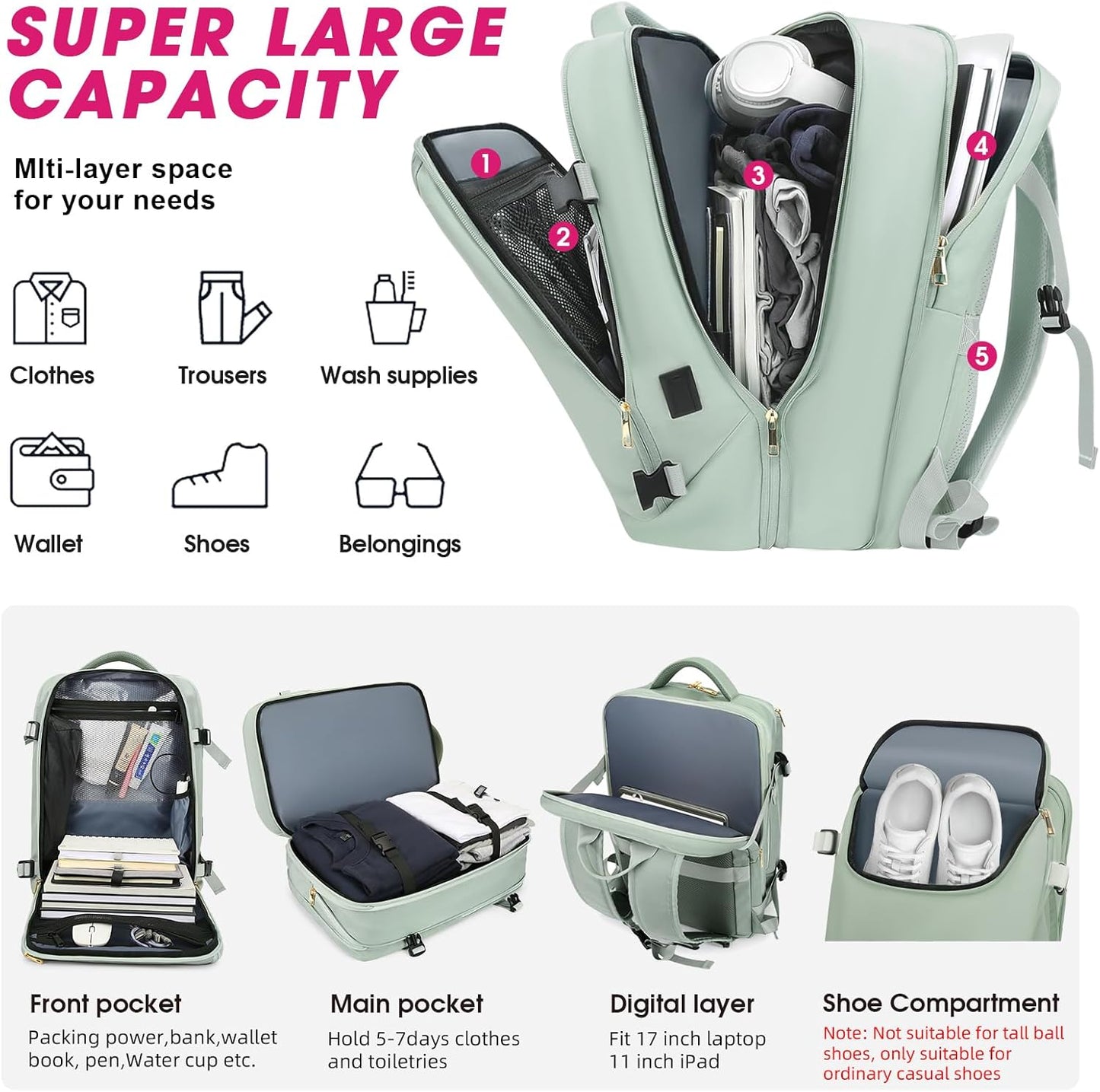 Travel Backpack for Women, 50L Extra Large Capacity Backpack with USB Charging Port, Expandable 17.3 inch Laptop Backpack Mochila Flight Approved, Casual Daypack for Weekender,Green
