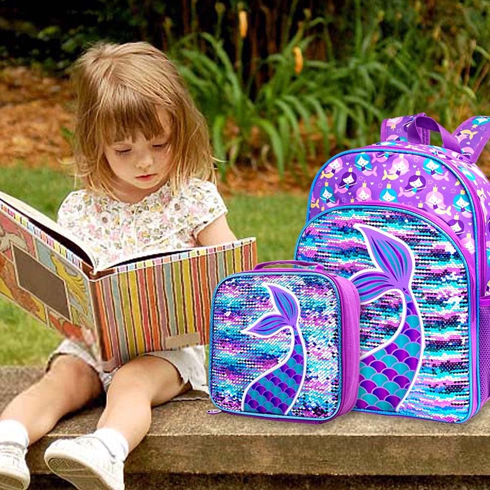 3PCS Girls Backpack, 16" Sequin Prechool Elementary Bookbag and Lunch Box