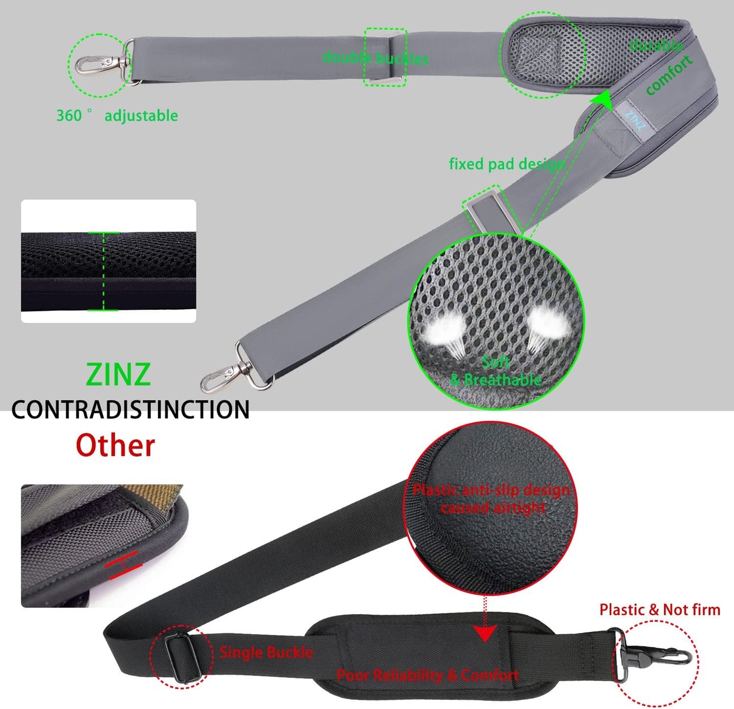 ZINZ 79 inch Shoulder Strap, Extra-thick Fixed Cushion Pad and Dual Clasps Universal Replacement Strap with Metal Swivel Hooks for Laptop Bags, Luggage Bags, Camera, Crossbody (200cm,Gray)